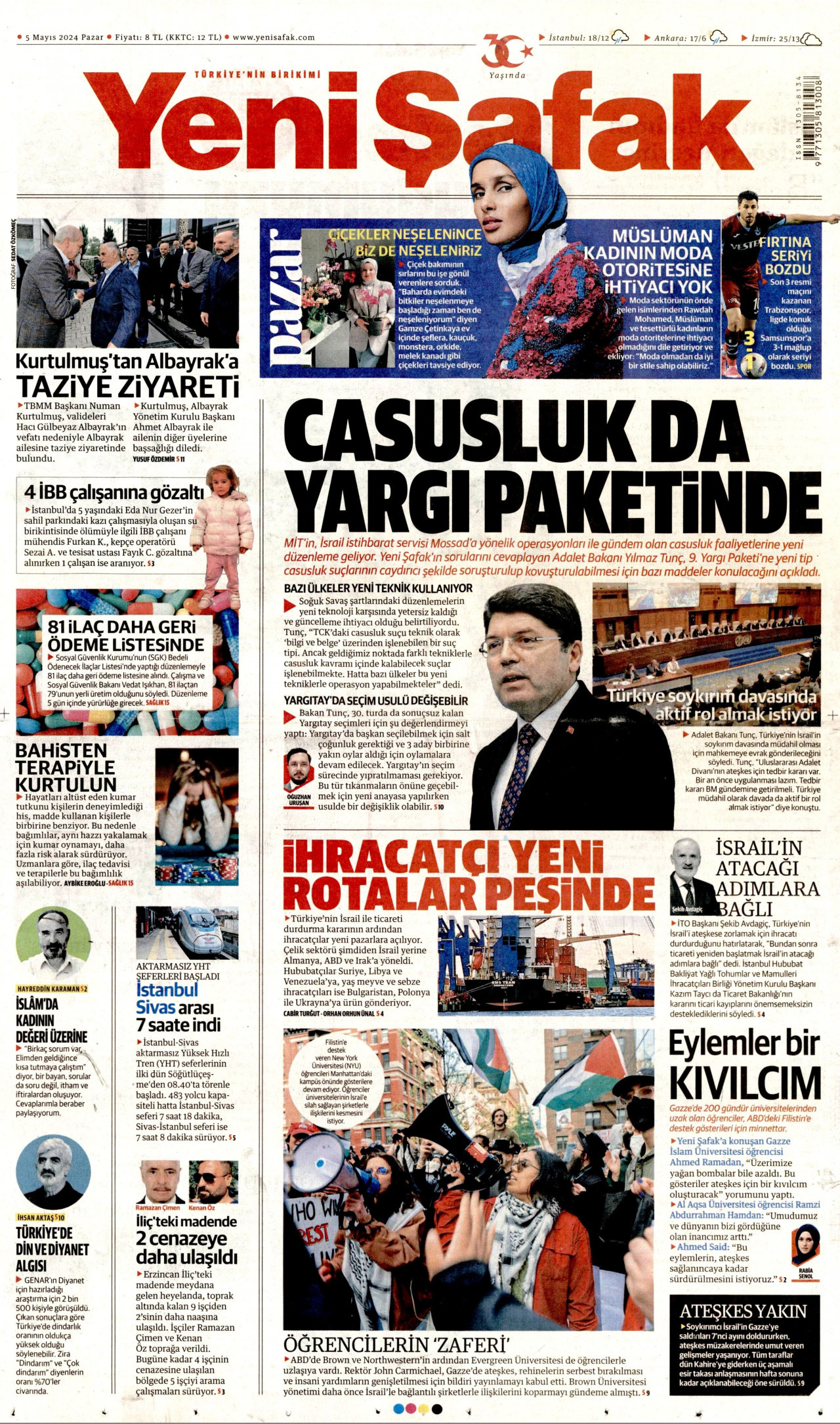 YENİ ŞAFAK gazetesinin 5 Mayıs 2024 tarihli birinci sayfası