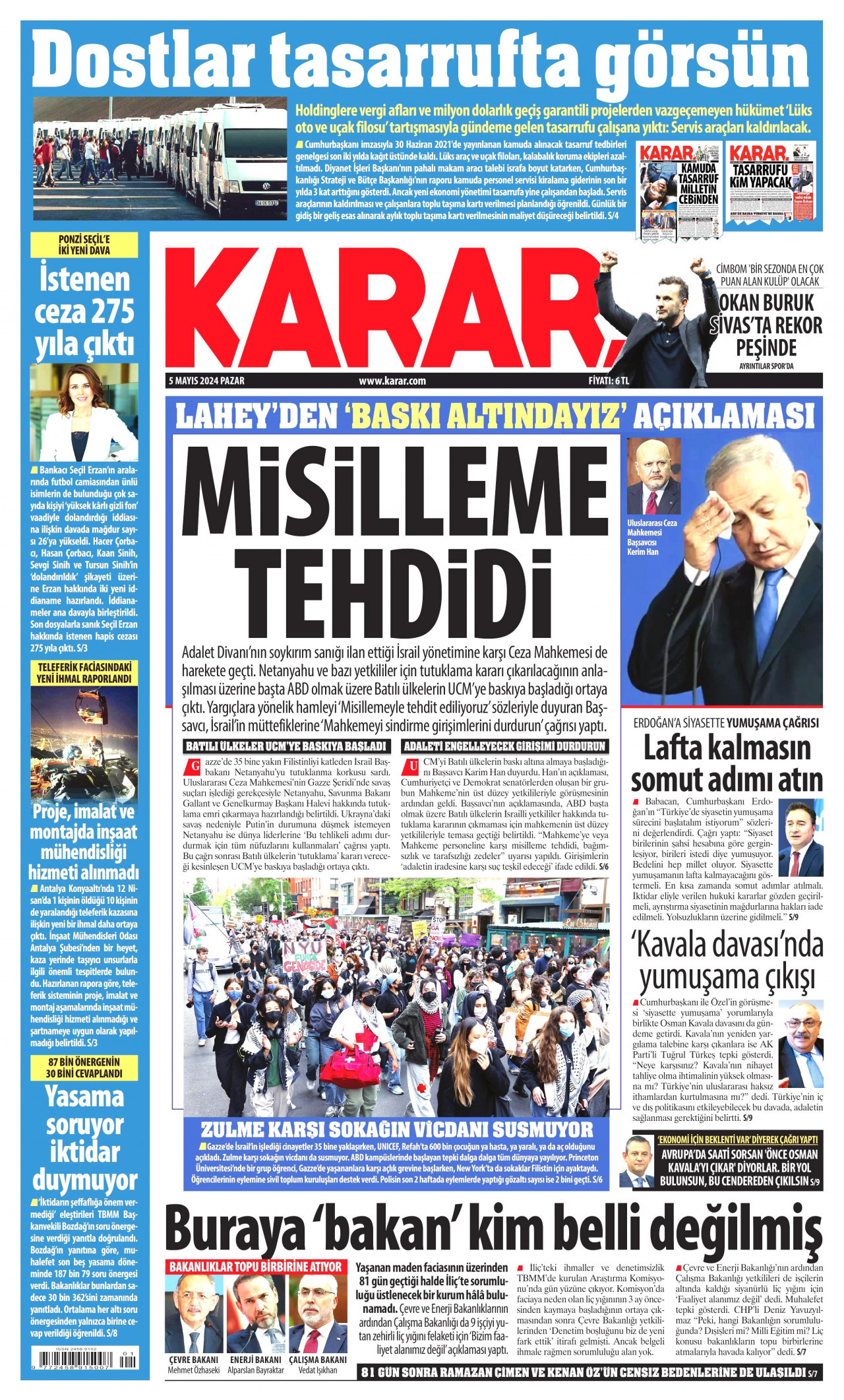 KARAR gazetesinin 5 Mayıs 2024 tarihli birinci sayfası