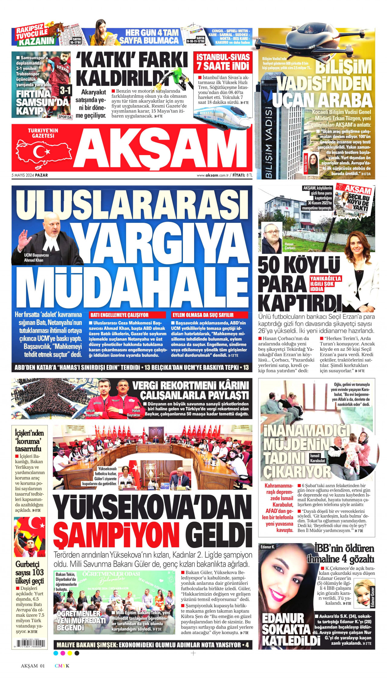AKŞAM gazetesinin 5 Mayıs 2024 tarihli birinci sayfası