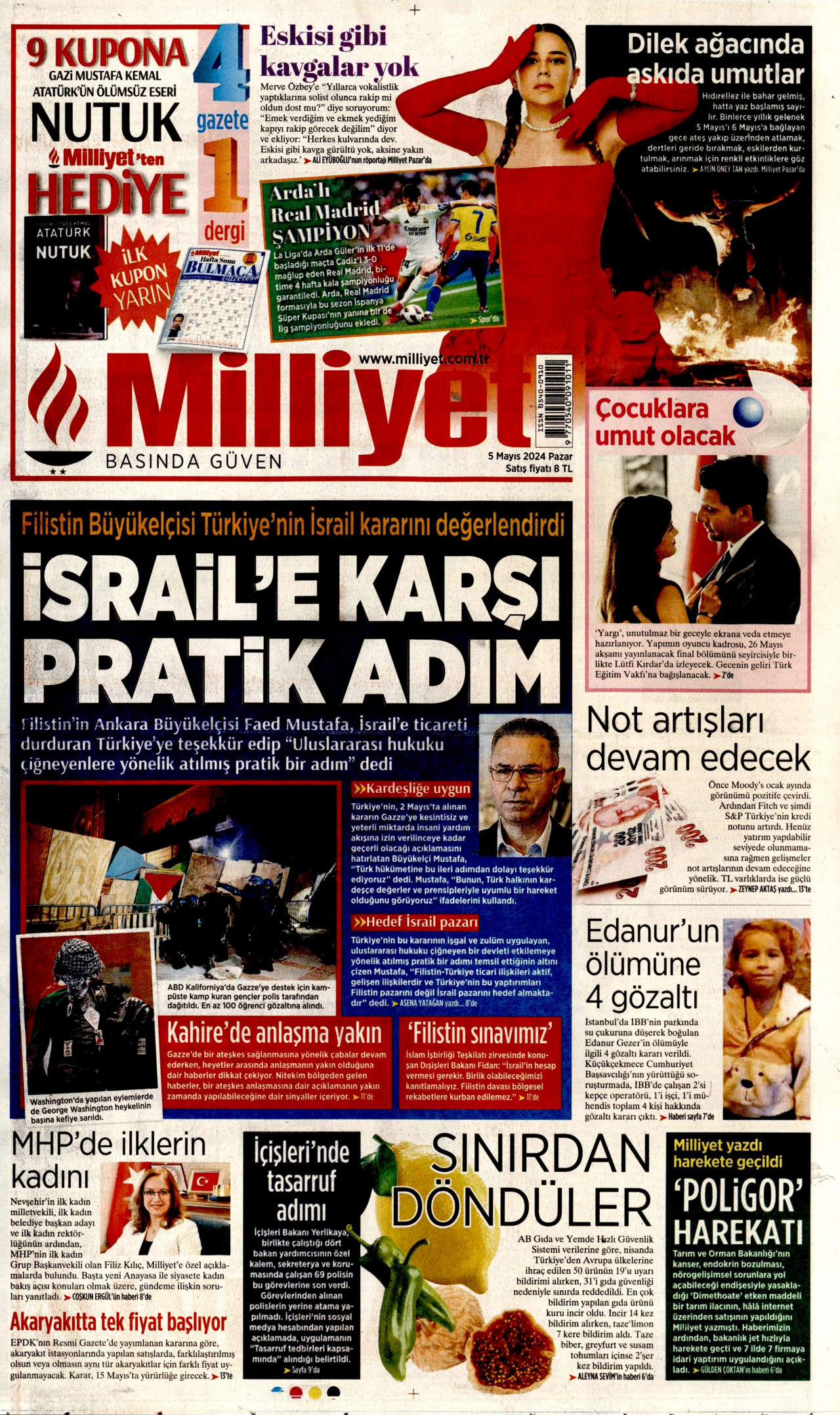 MİLLİYET gazetesinin 5 Mayıs 2024 tarihli birinci sayfası