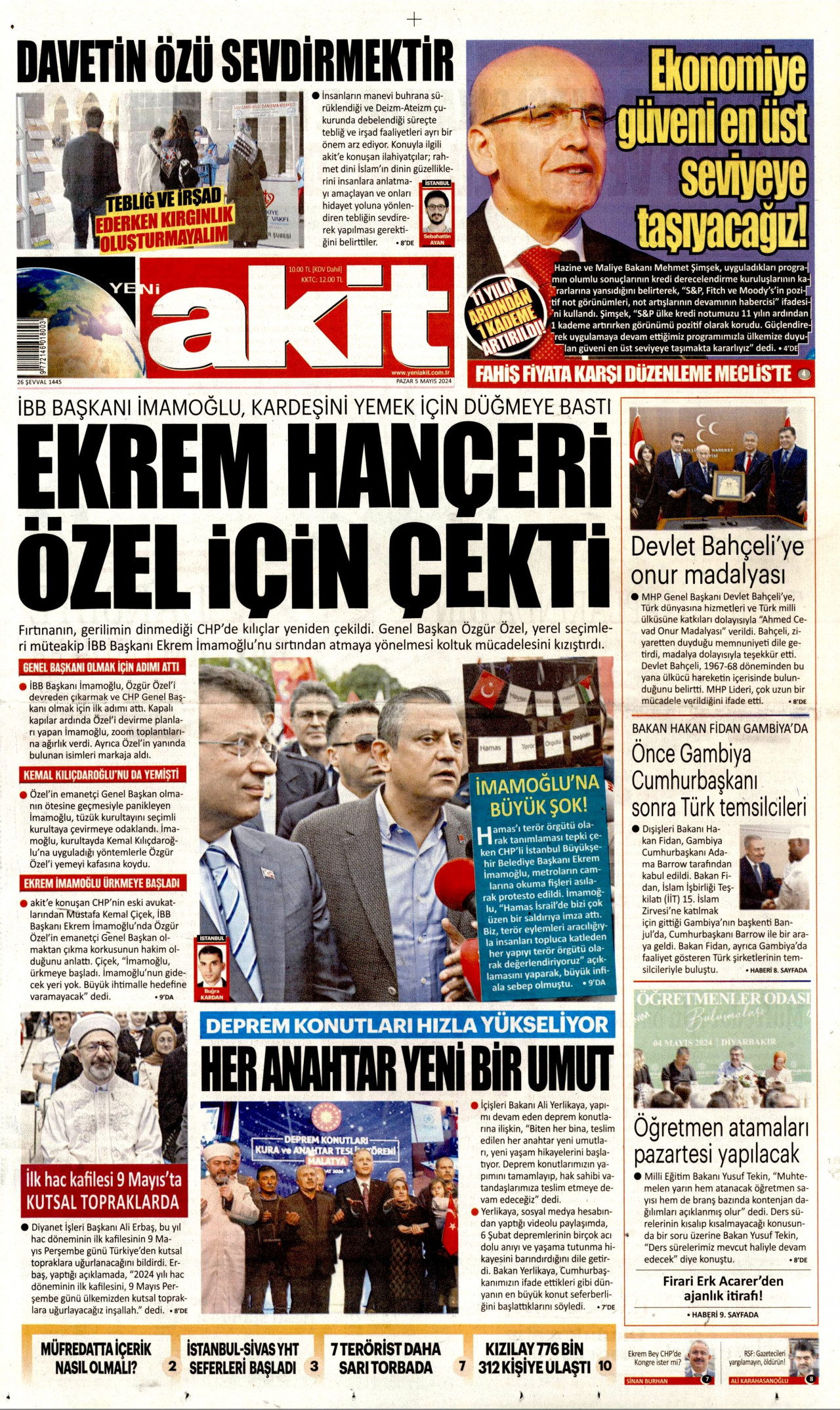 YENİ AKİT gazetesinin 5 Mayıs 2024 tarihli birinci sayfası