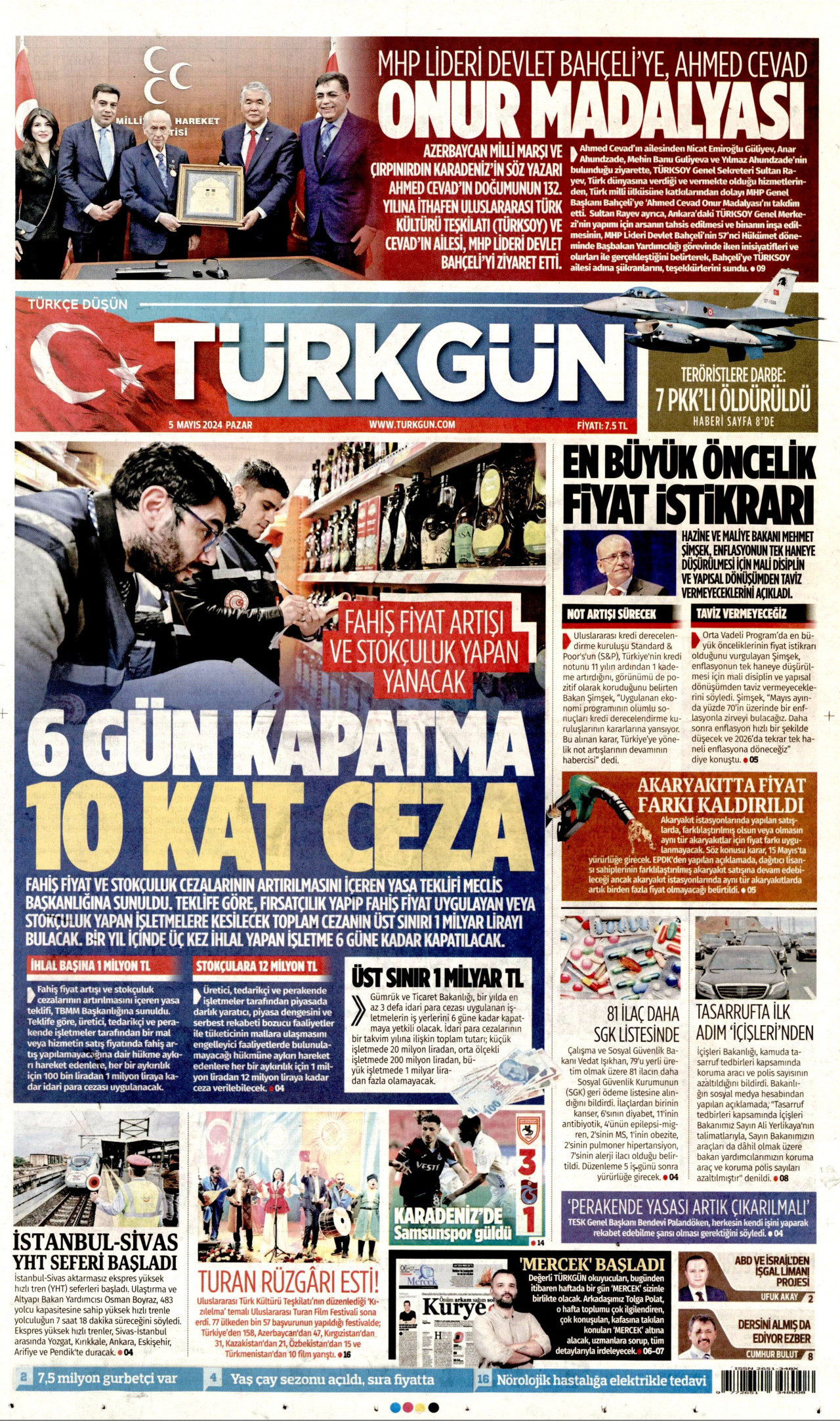 TÜRKGÜN gazetesinin 5 Mayıs 2024 tarihli birinci sayfası