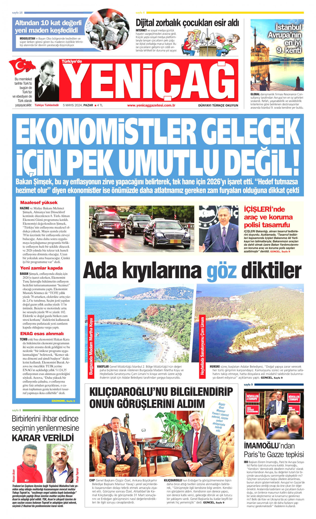 YENİÇAĞ gazetesinin 5 Mayıs 2024 tarihli birinci sayfası