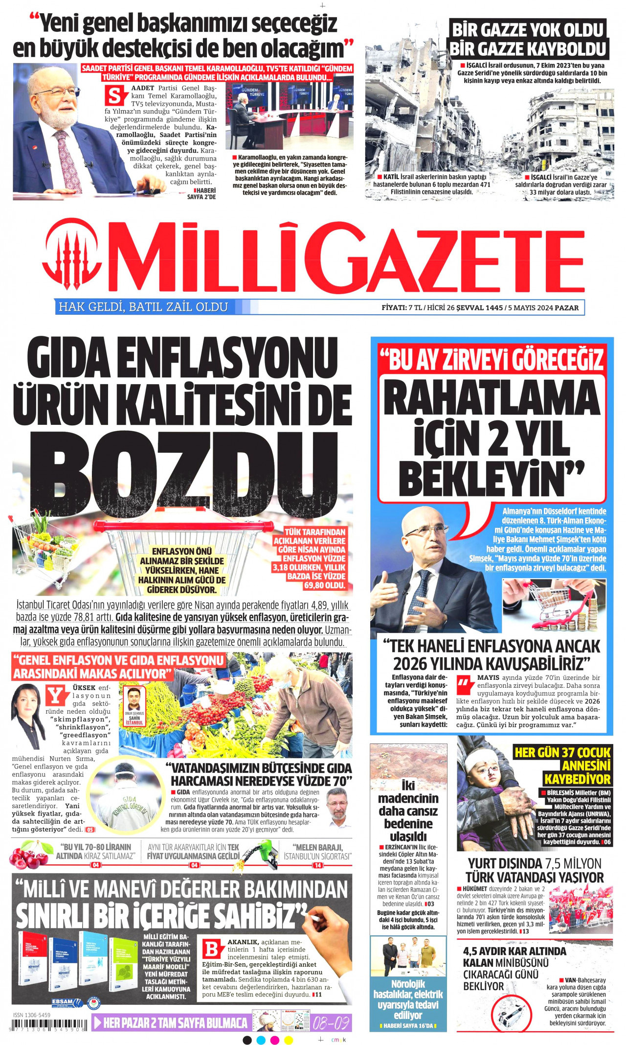 MİLLİ GAZETE gazetesinin 5 Mayıs 2024 tarihli birinci sayfası