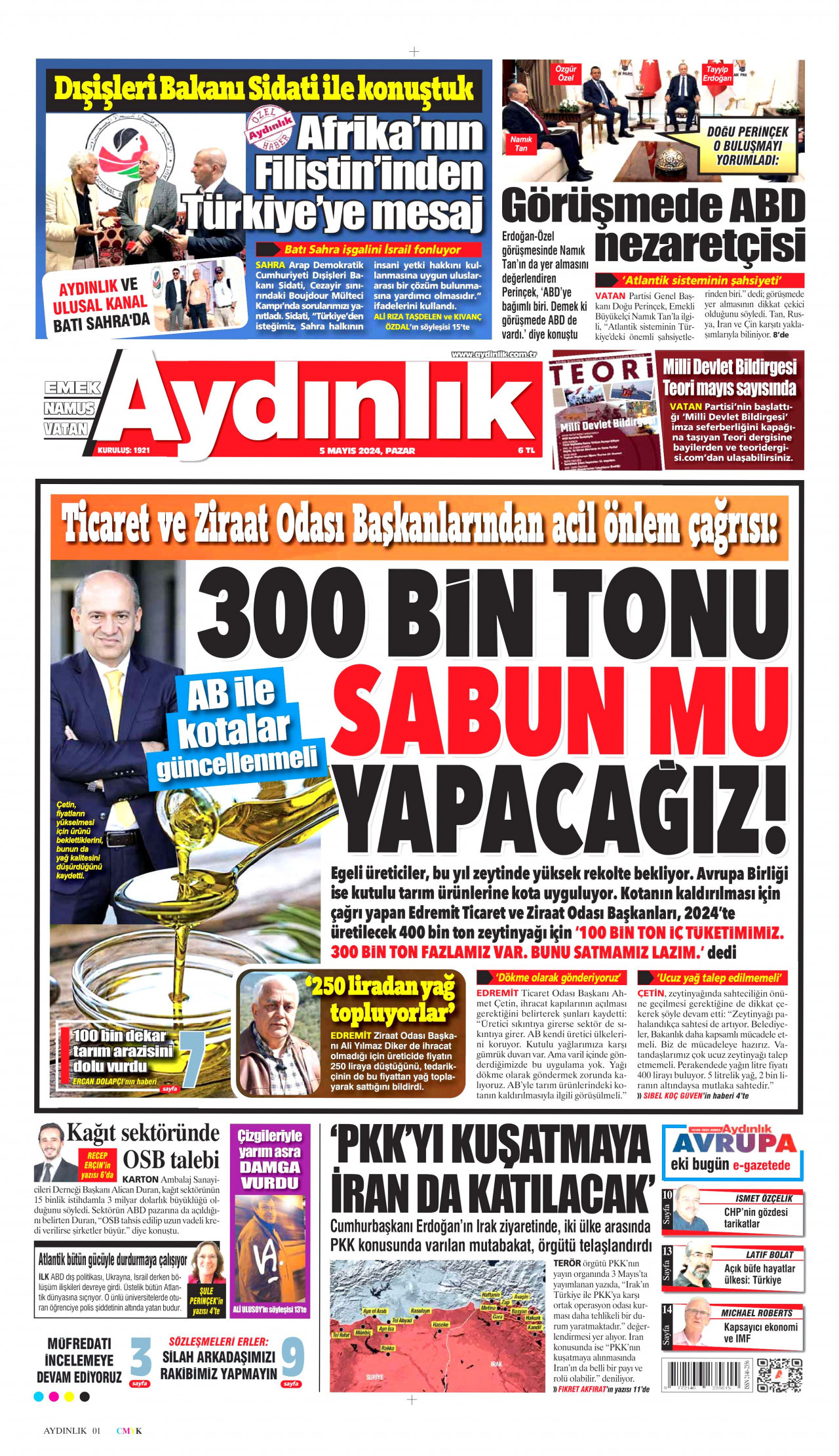 AYDINLIK GAZETESİ gazetesinin 5 Mayıs 2024 tarihli birinci sayfası