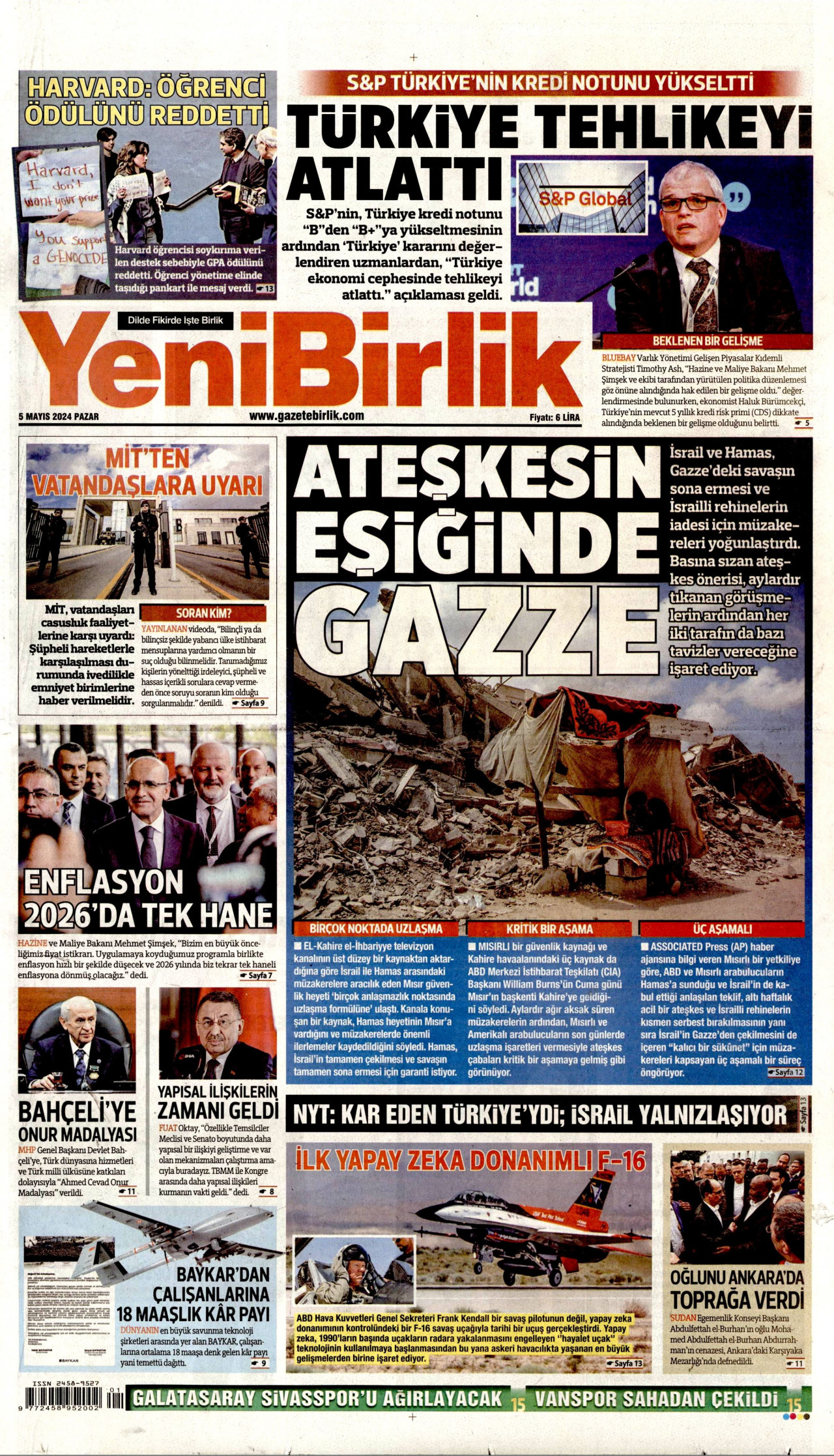 YENİBİRLİK gazetesinin 5 Mayıs 2024 tarihli birinci sayfası