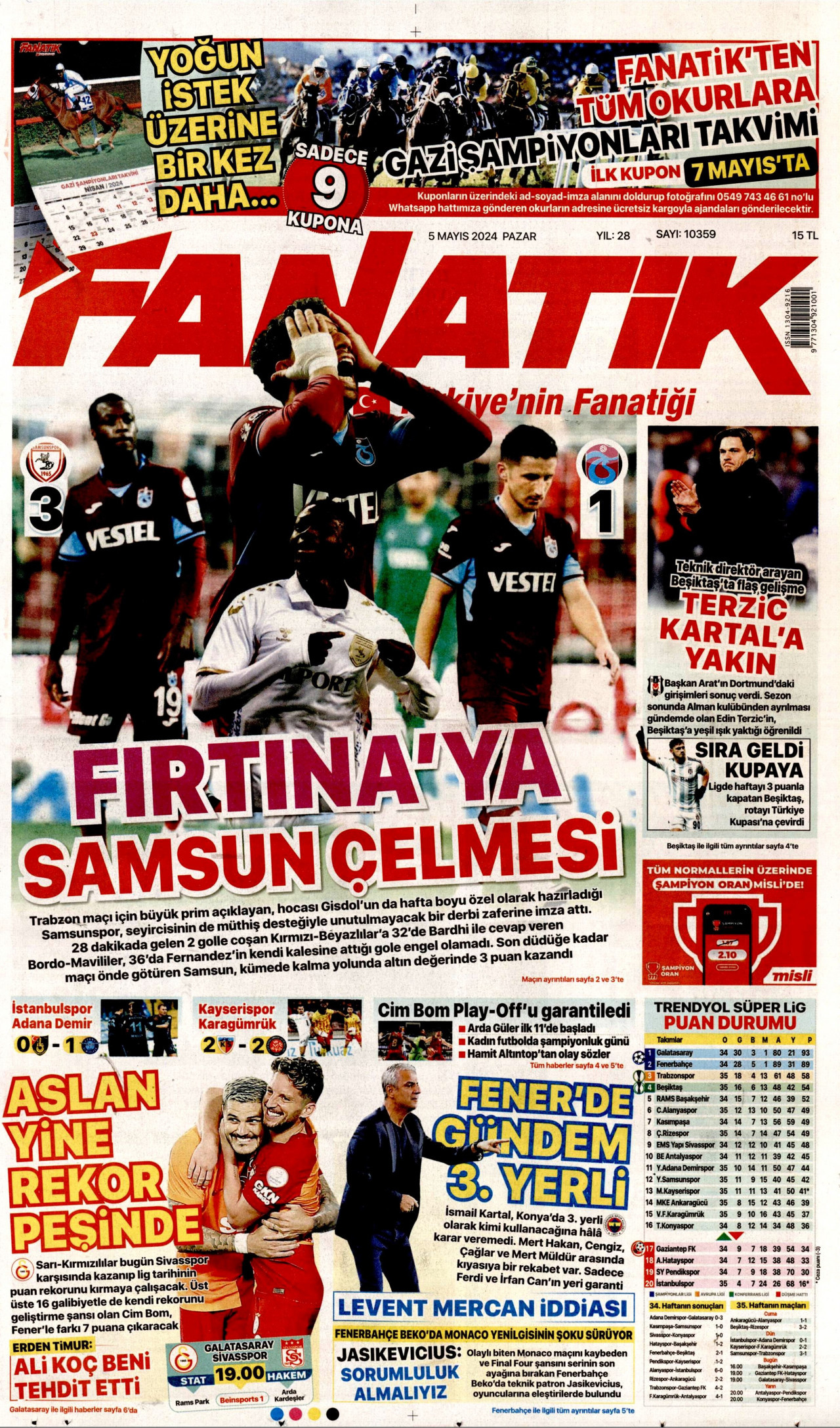 FANATİK gazetesinin 5 Mayıs 2024 tarihli birinci sayfası