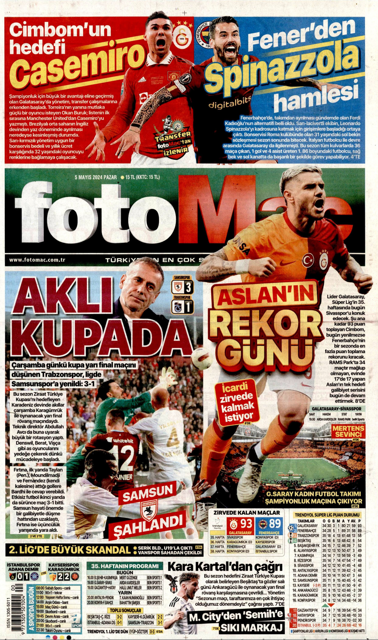 FOTOMAÇ gazetesinin 5 Mayıs 2024 tarihli birinci sayfası