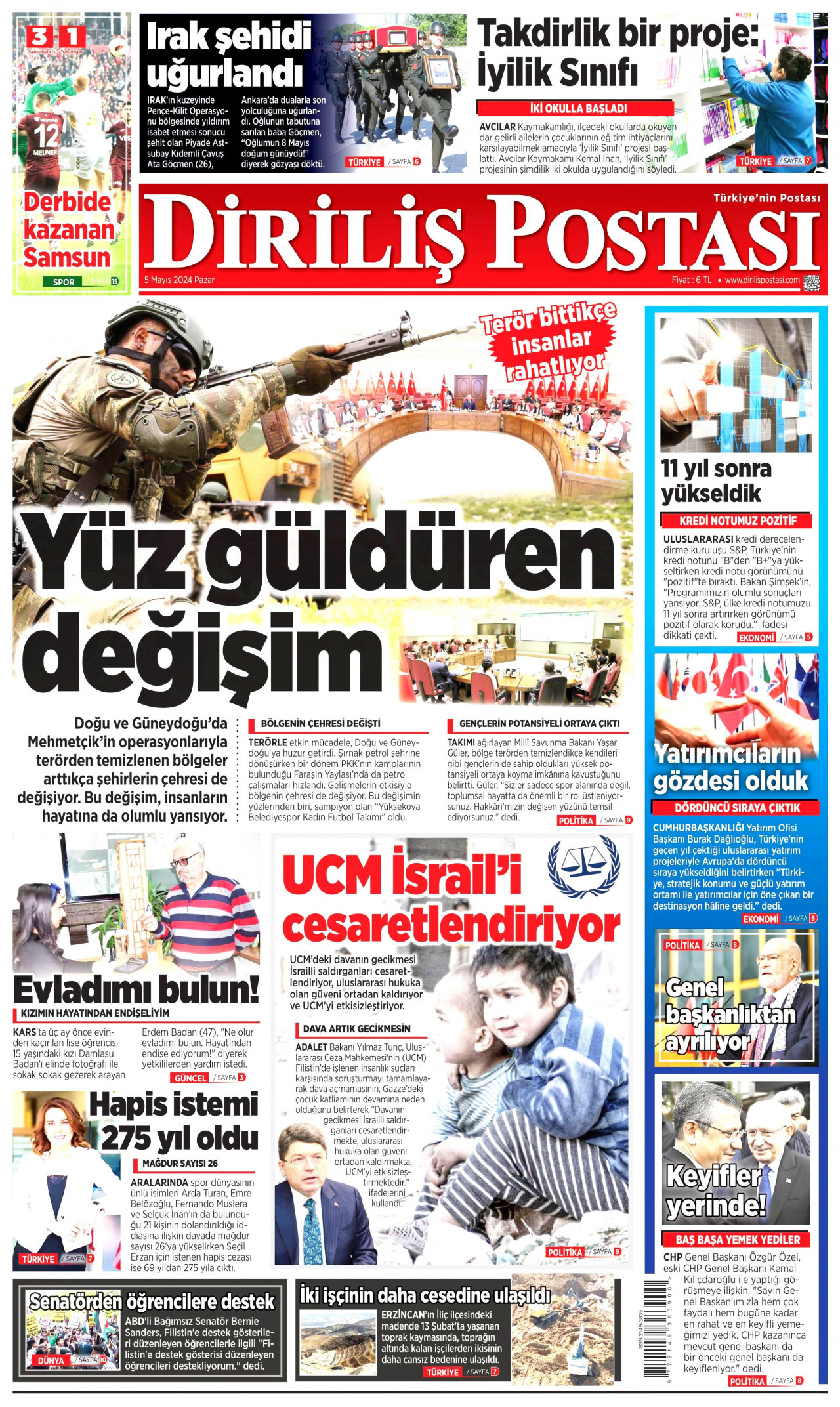 DİRİLİŞ POSTASI gazetesinin 5 Mayıs 2024 tarihli birinci sayfası