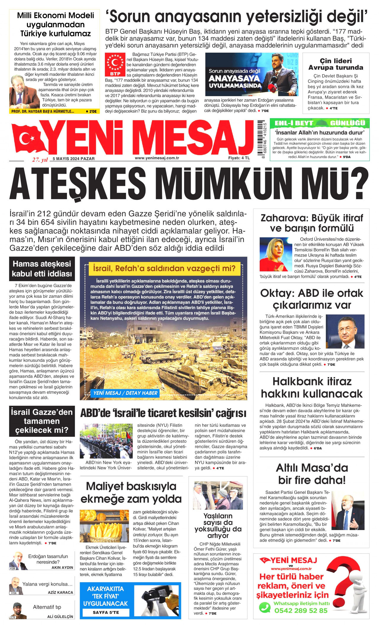 YENİ MESAJ gazetesinin 5 Mayıs 2024 tarihli birinci sayfası