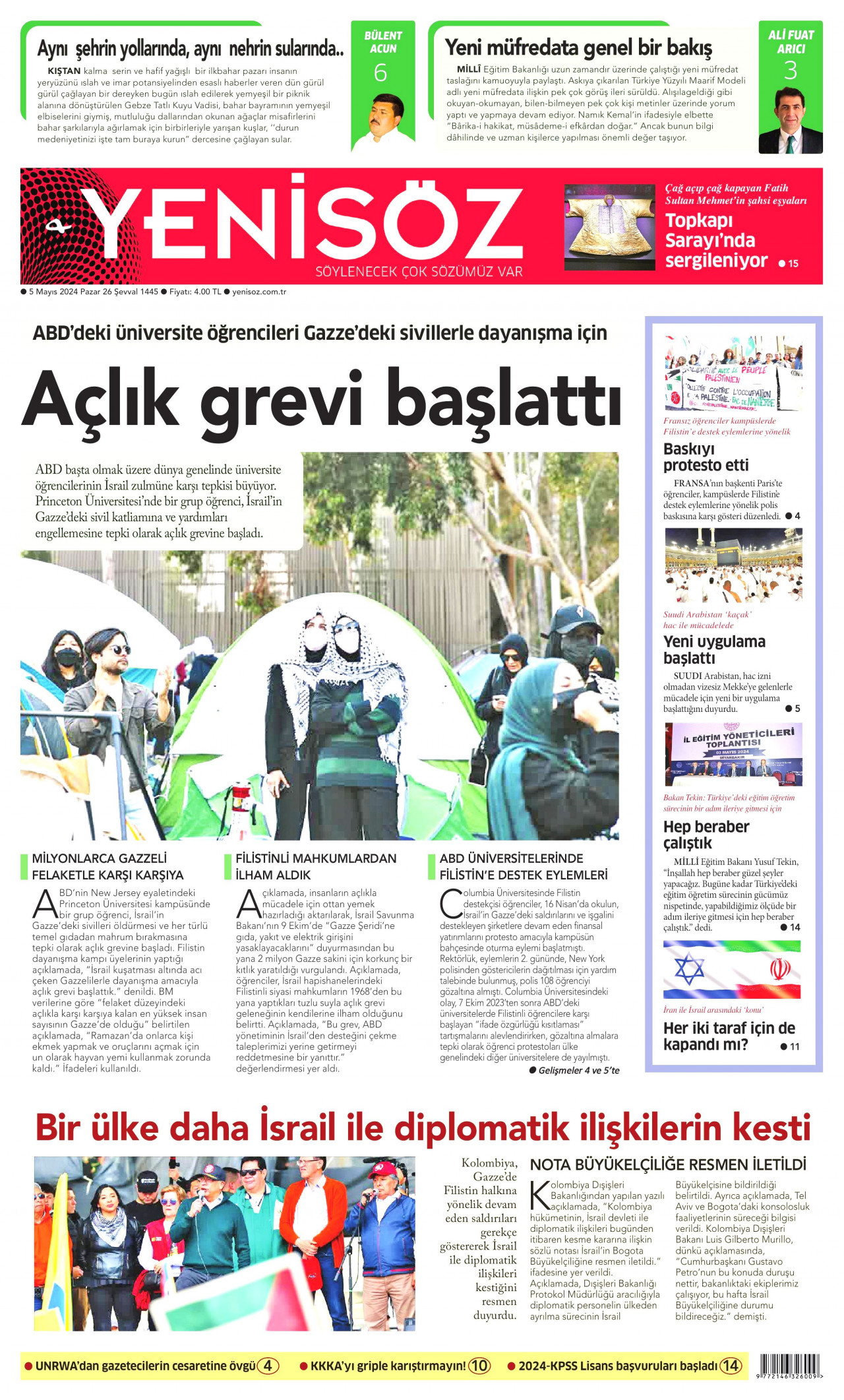 YENİ SÖZ GAZETESİ gazetesinin 5 Mayıs 2024 tarihli birinci sayfası