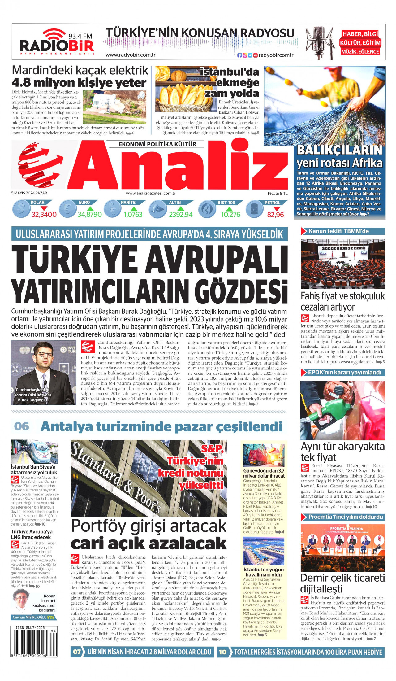 ANALİZ gazetesinin 5 Mayıs 2024 tarihli birinci sayfası