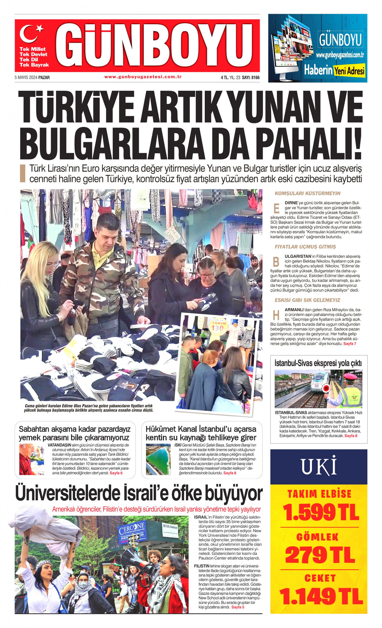 GÜNBOYU gazetesinin 5 Mayıs 2024 tarihli birinci sayfası