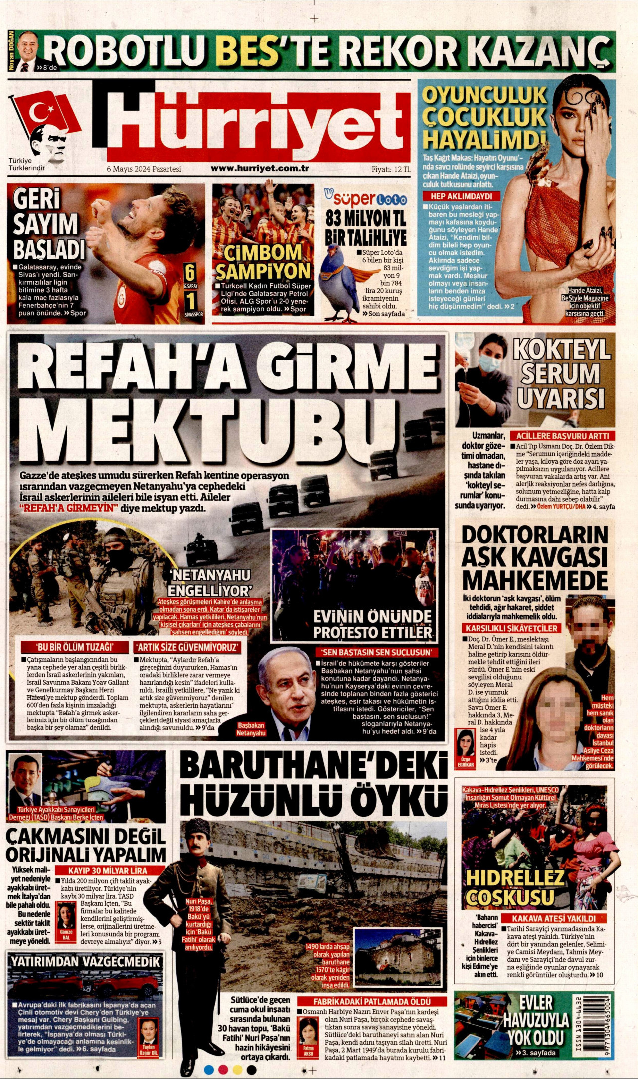 HÜRRİYET gazetesinin 6 Mayıs 2024 tarihli birinci sayfası