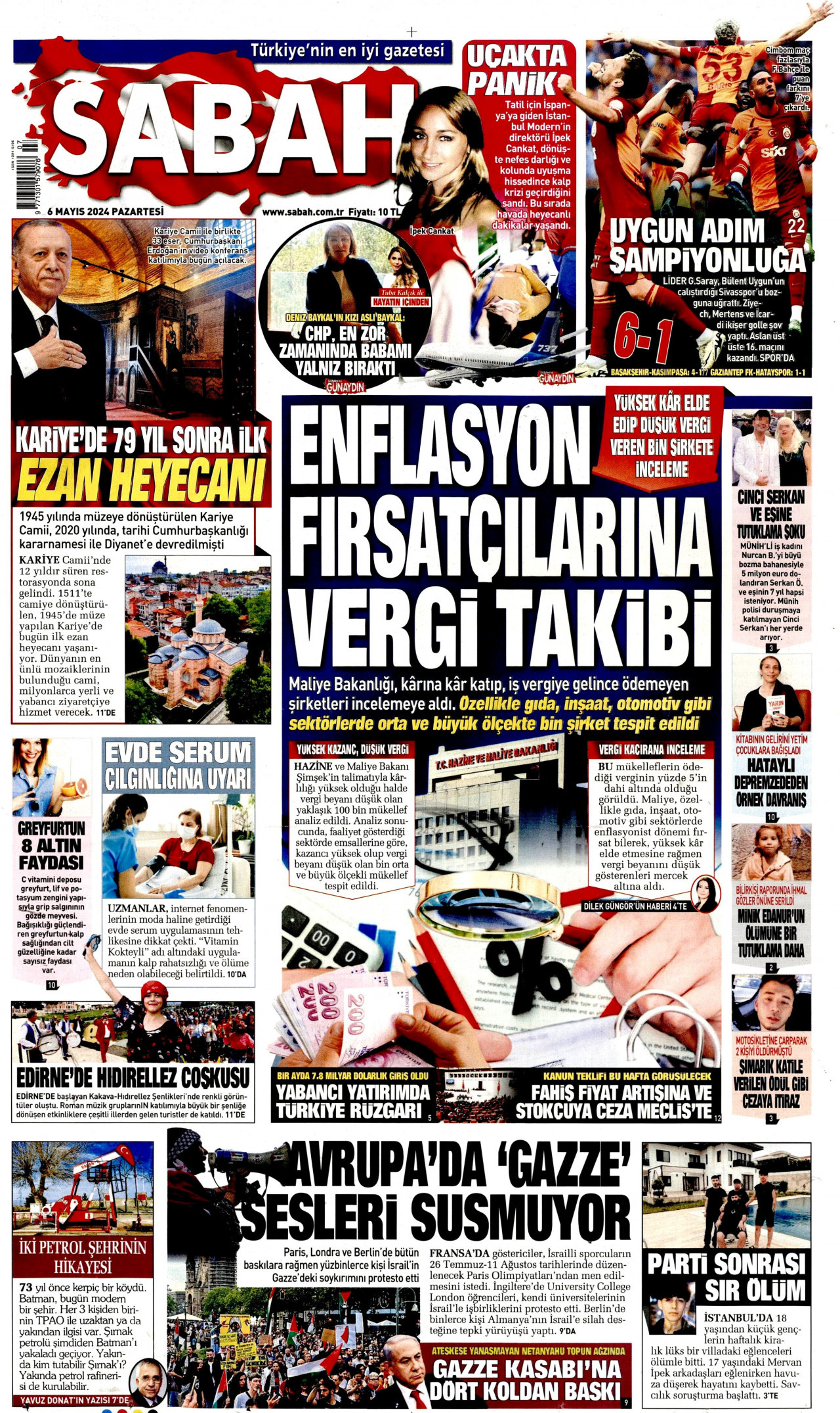 SABAH gazetesinin 6 Mayıs 2024 tarihli birinci sayfası