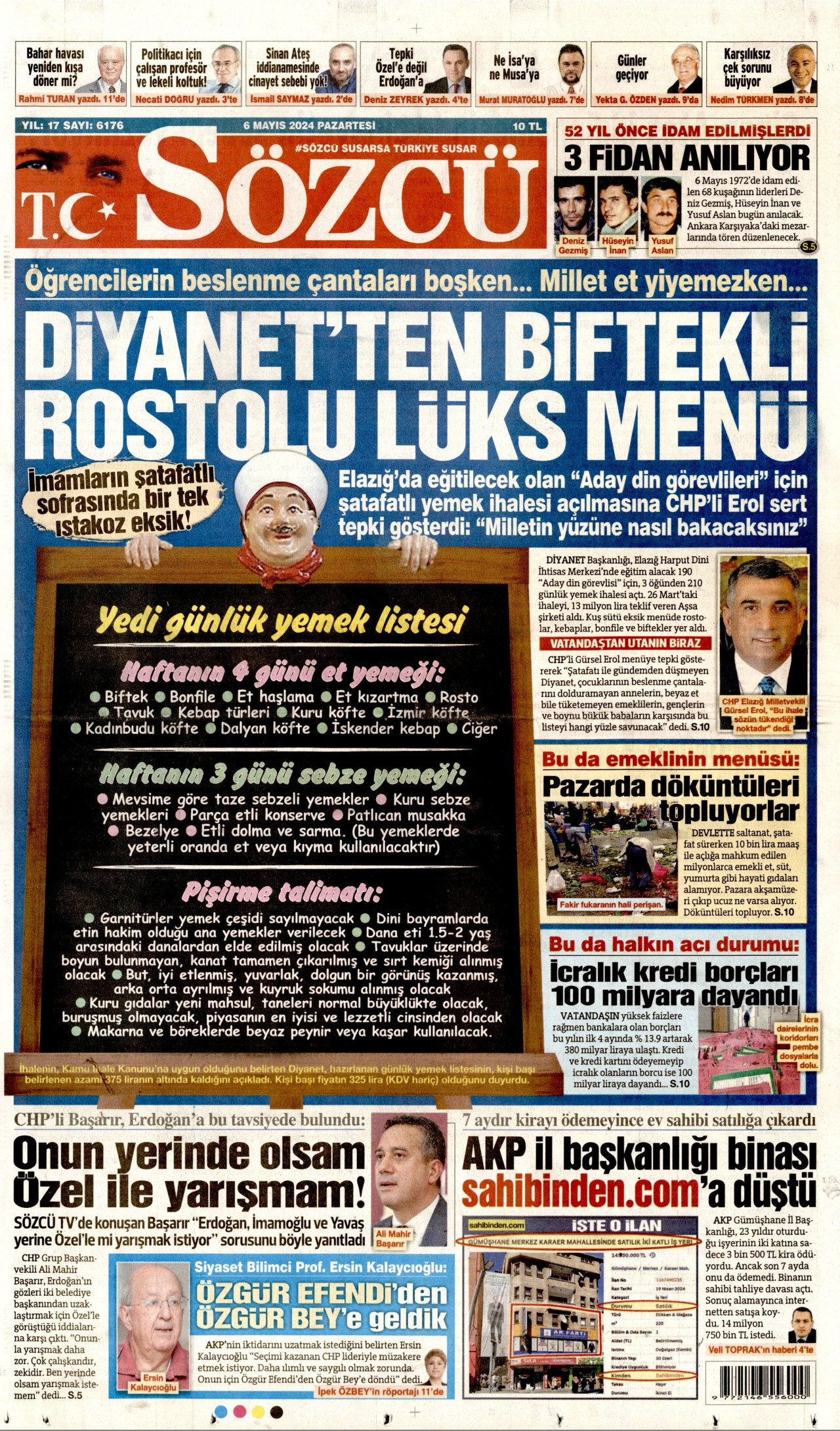 SÖZCÜ gazetesinin 6 Mayıs 2024 tarihli birinci sayfası