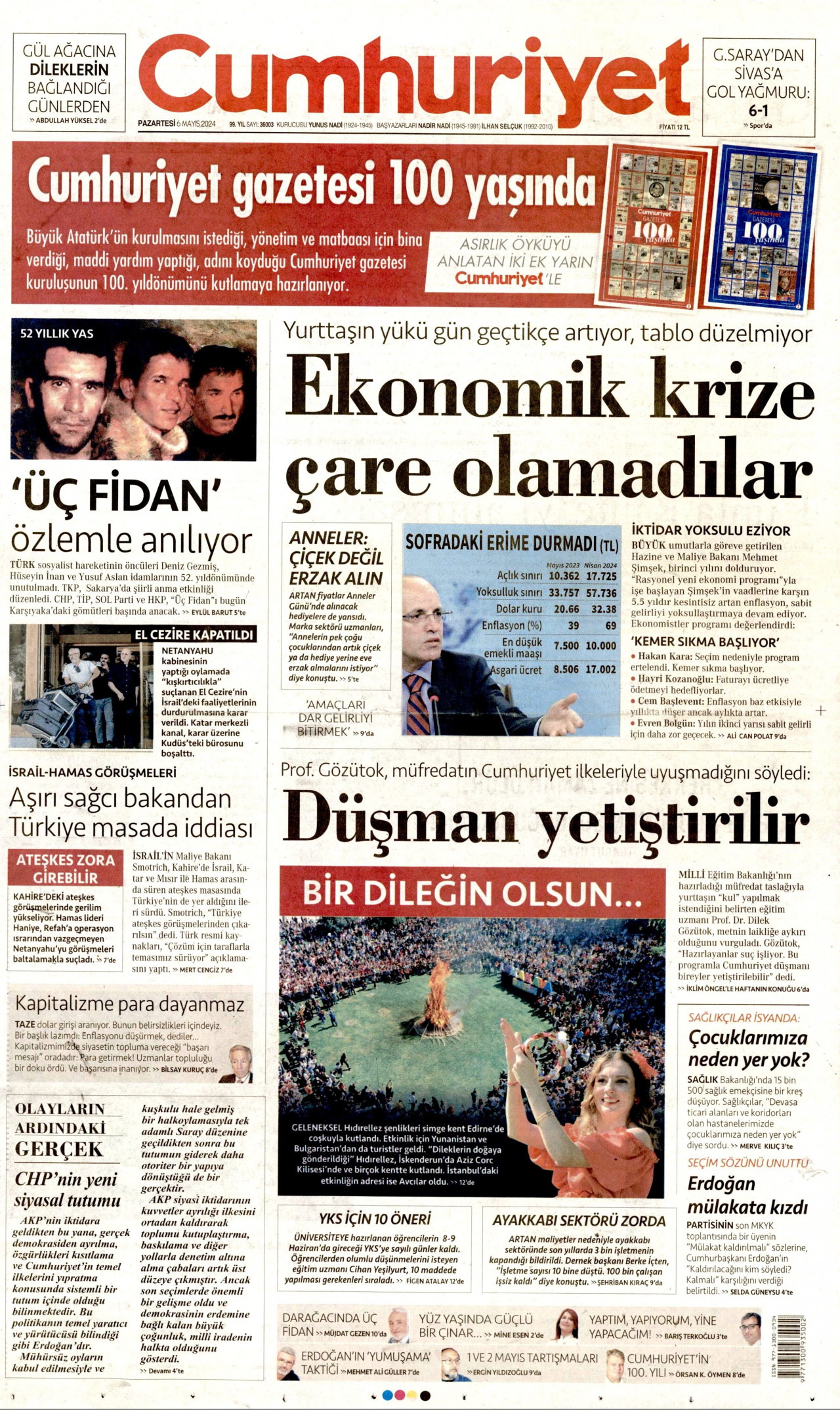 CUMHURİYET gazetesinin 6 Mayıs 2024 tarihli birinci sayfası