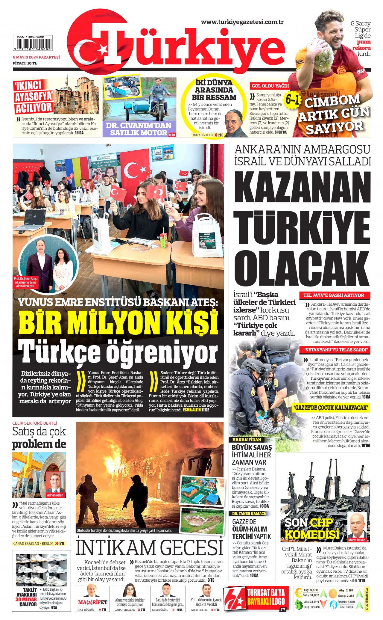 TÜRKİYE GAZETESİ gazetesinin 6 Mayıs 2024 tarihli birinci sayfası