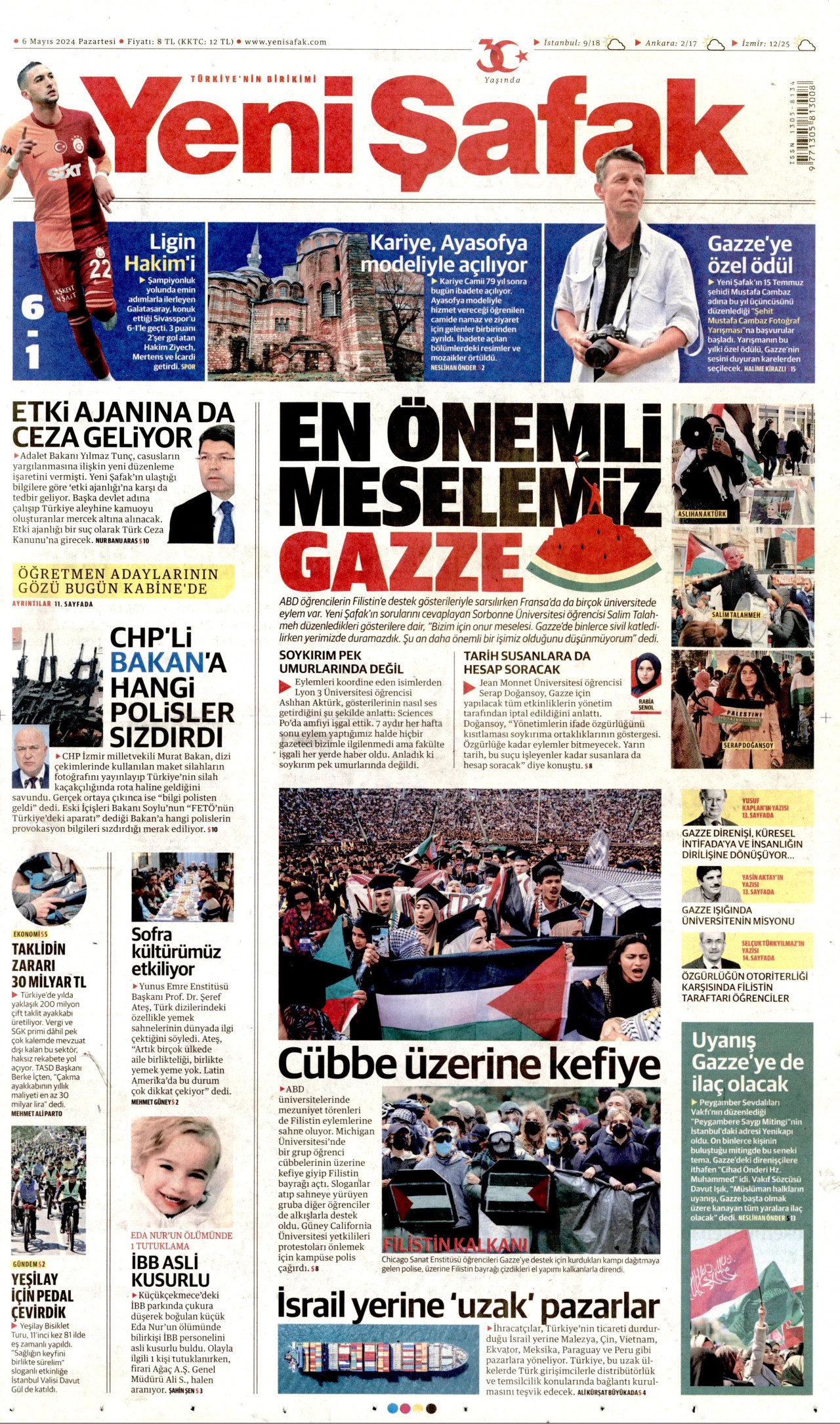 YENİ ŞAFAK gazetesinin 6 Mayıs 2024 tarihli birinci sayfası