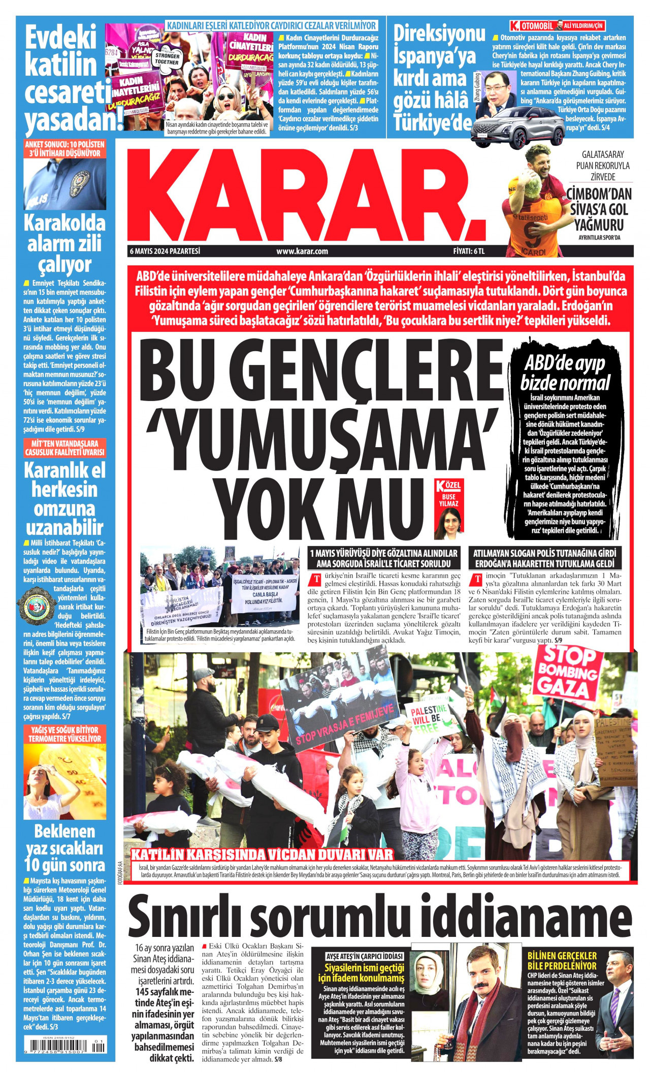 KARAR gazetesinin 6 Mayıs 2024 tarihli birinci sayfası