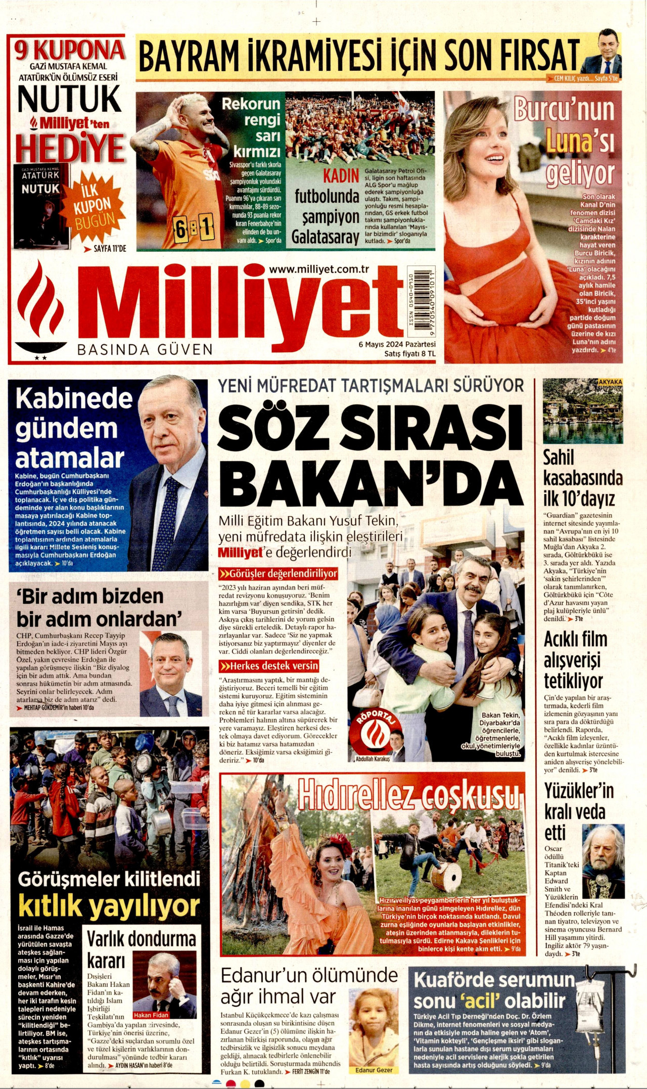 MİLLİYET gazetesinin 6 Mayıs 2024 tarihli birinci sayfası