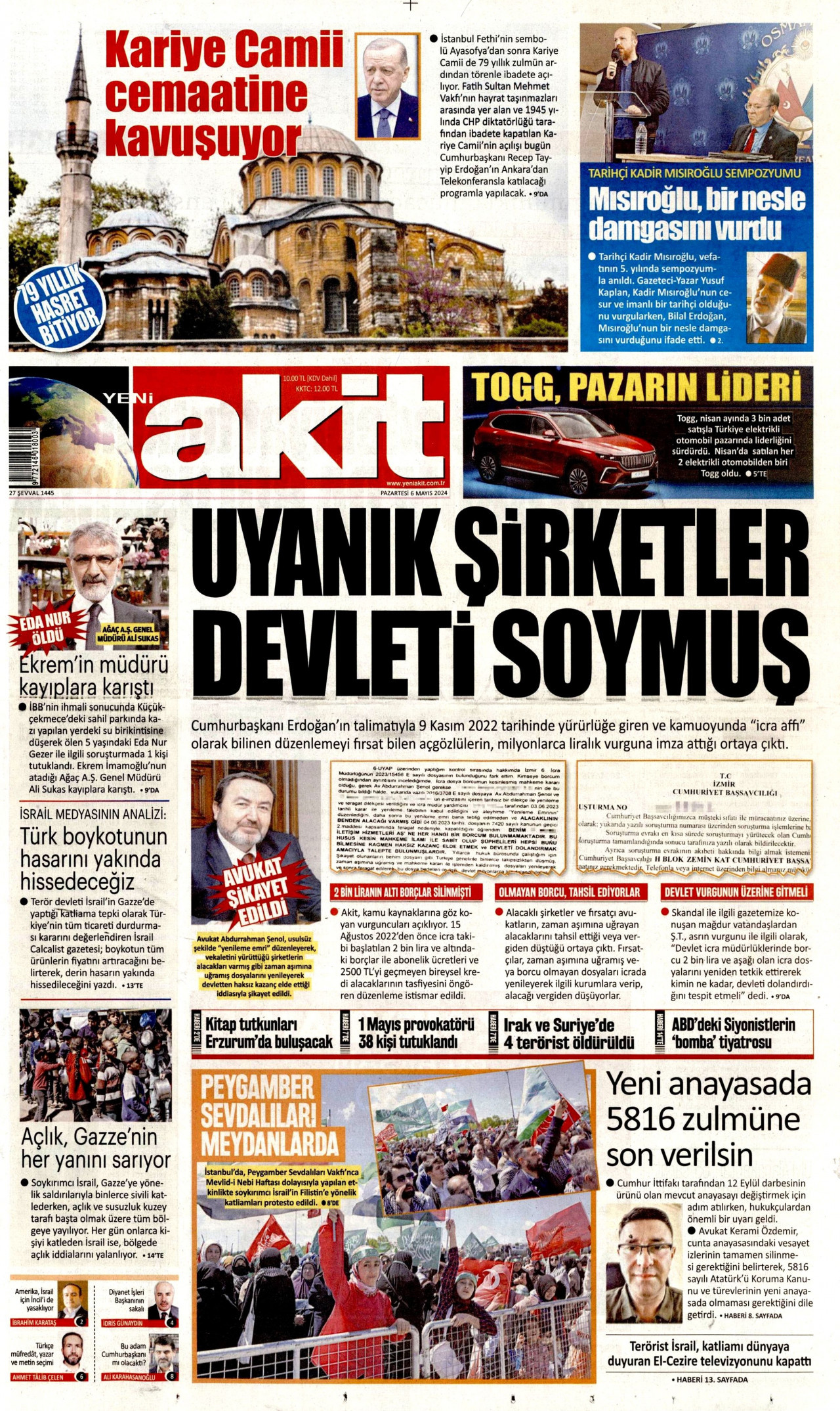 YENİ AKİT gazetesinin 6 Mayıs 2024 tarihli birinci sayfası