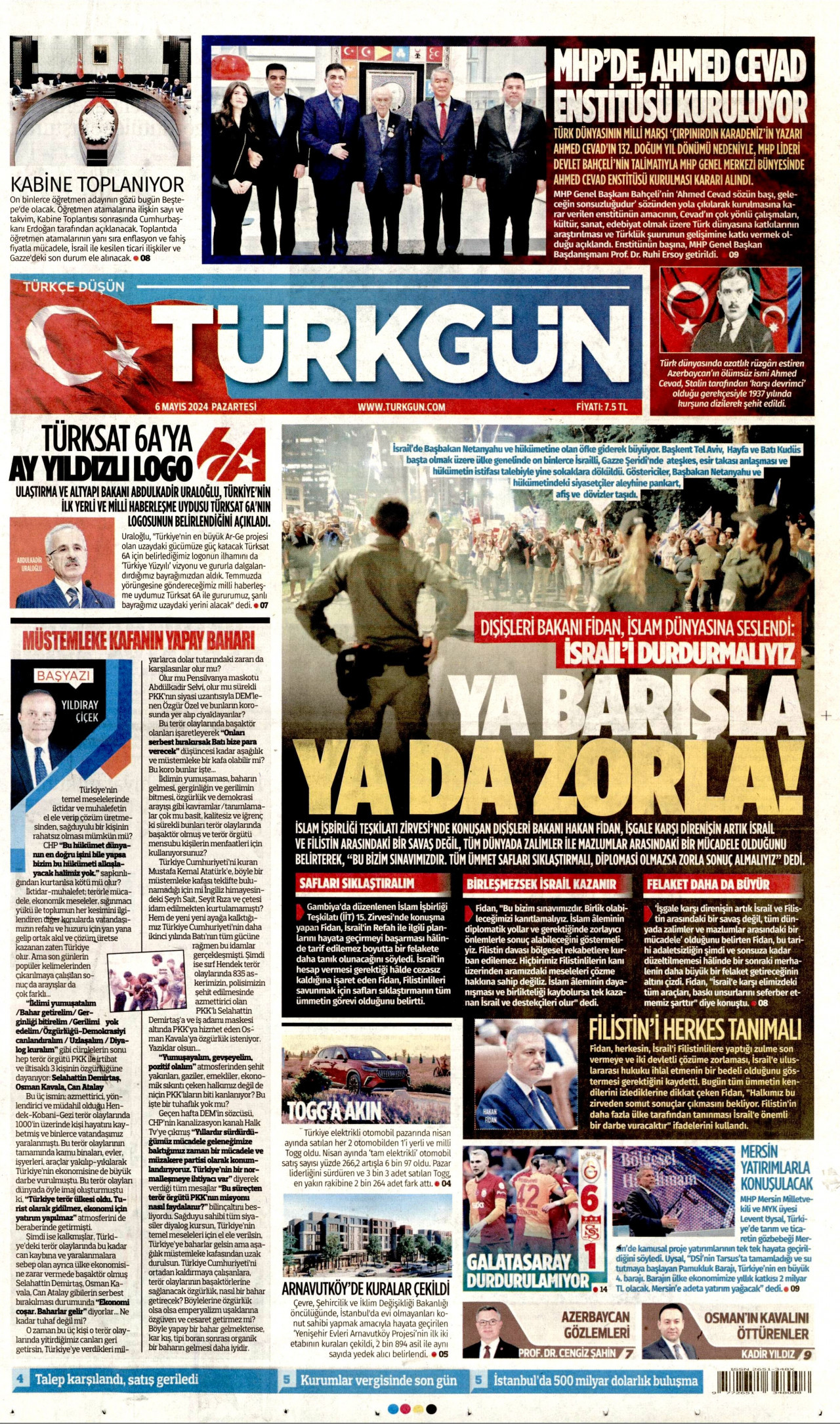 TÜRKGÜN gazetesinin 6 Mayıs 2024 tarihli birinci sayfası