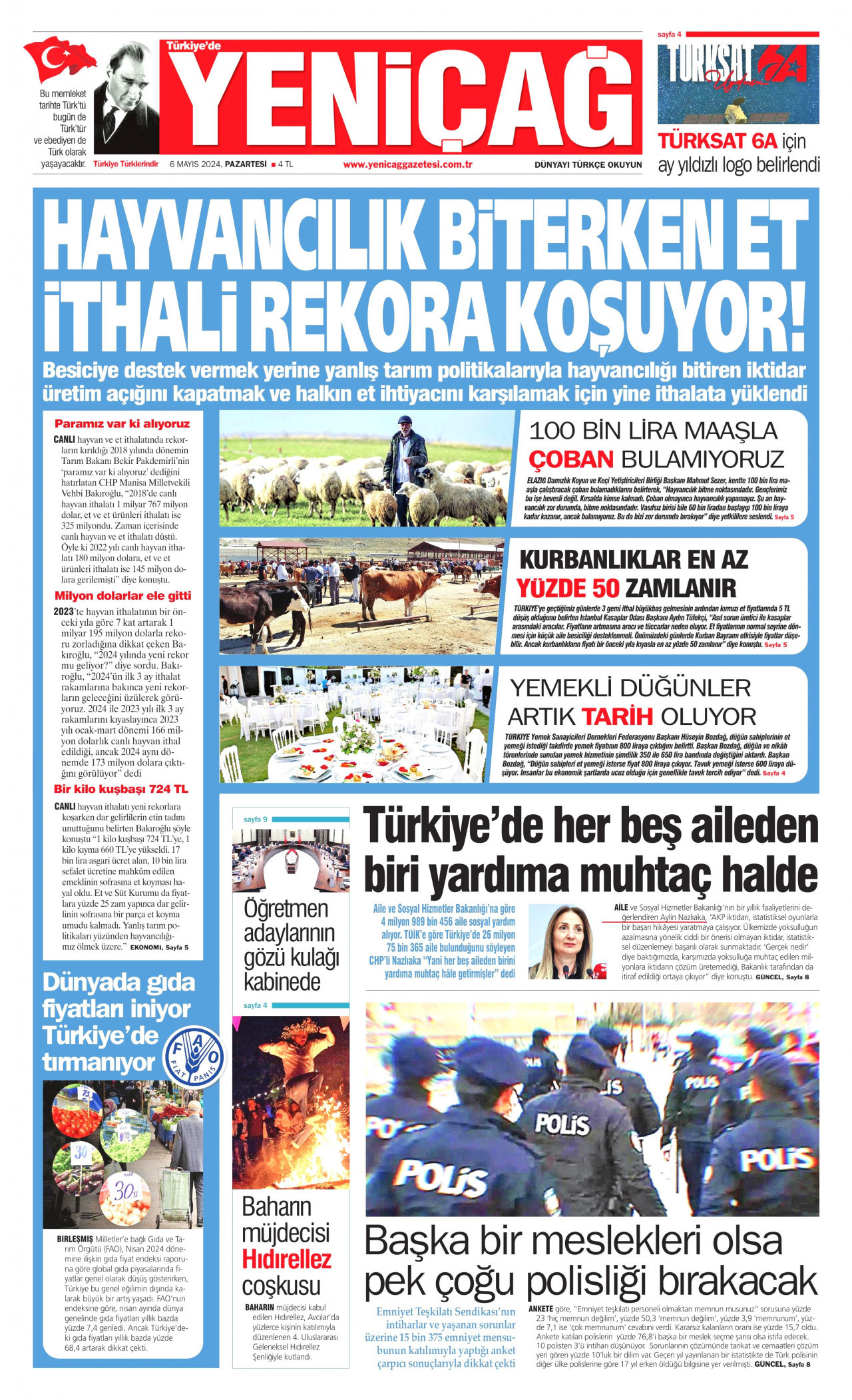 YENİÇAĞ gazetesinin 6 Mayıs 2024 tarihli birinci sayfası