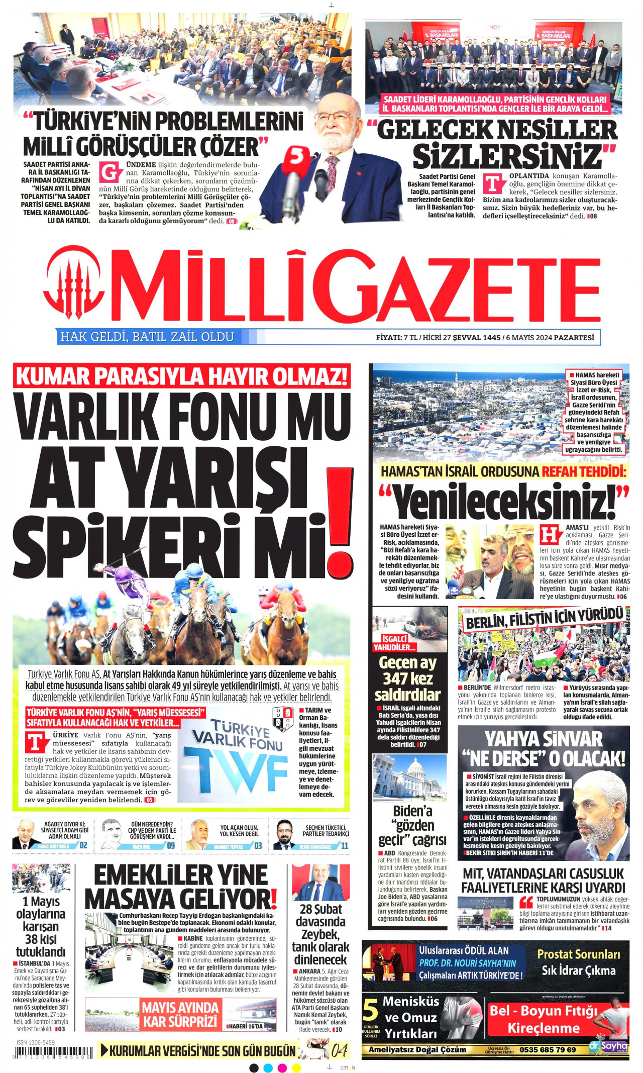 MİLLİ GAZETE gazetesinin 6 Mayıs 2024 tarihli birinci sayfası