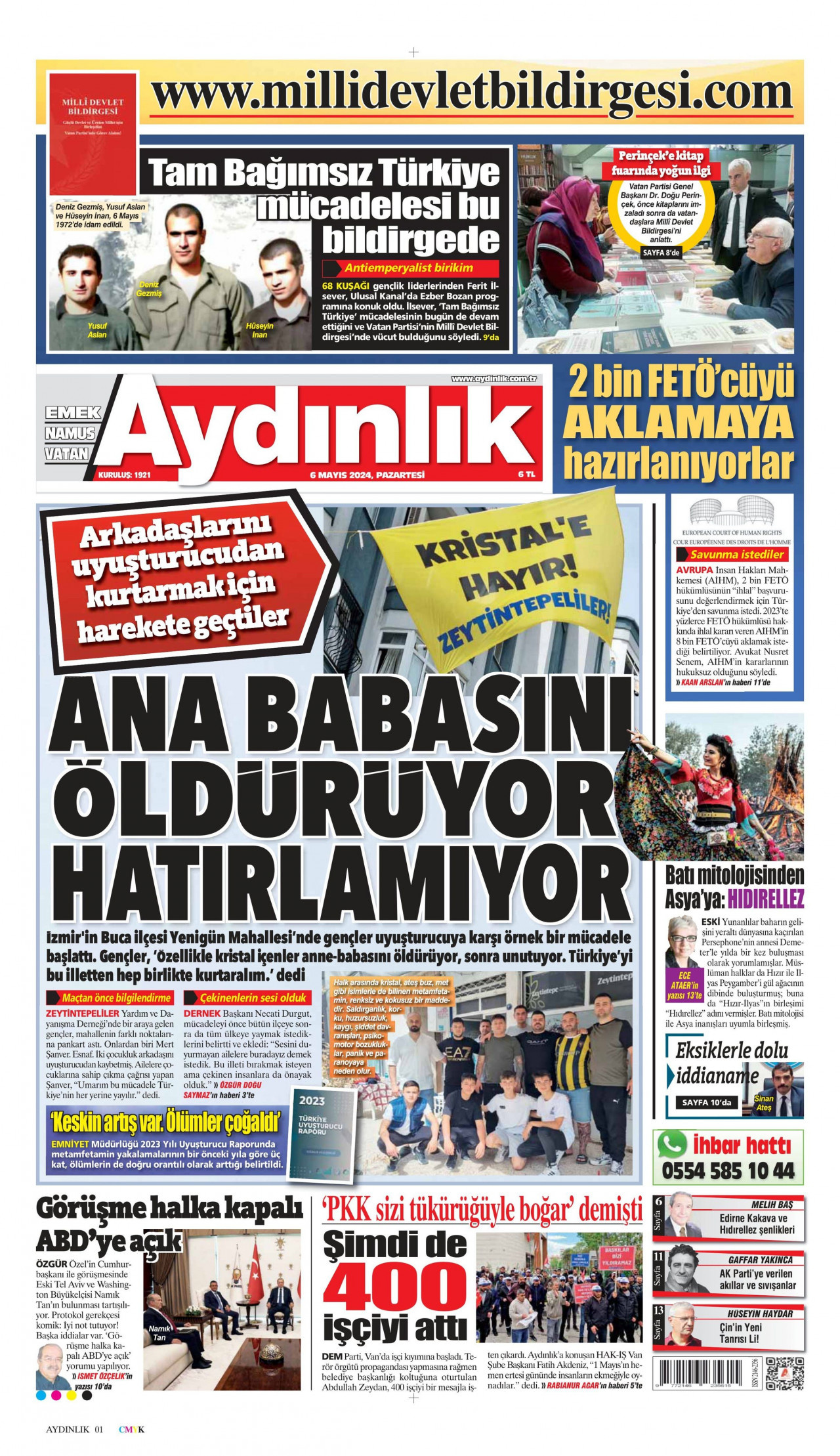 AYDINLIK GAZETESİ gazetesinin 6 Mayıs 2024 tarihli birinci sayfası