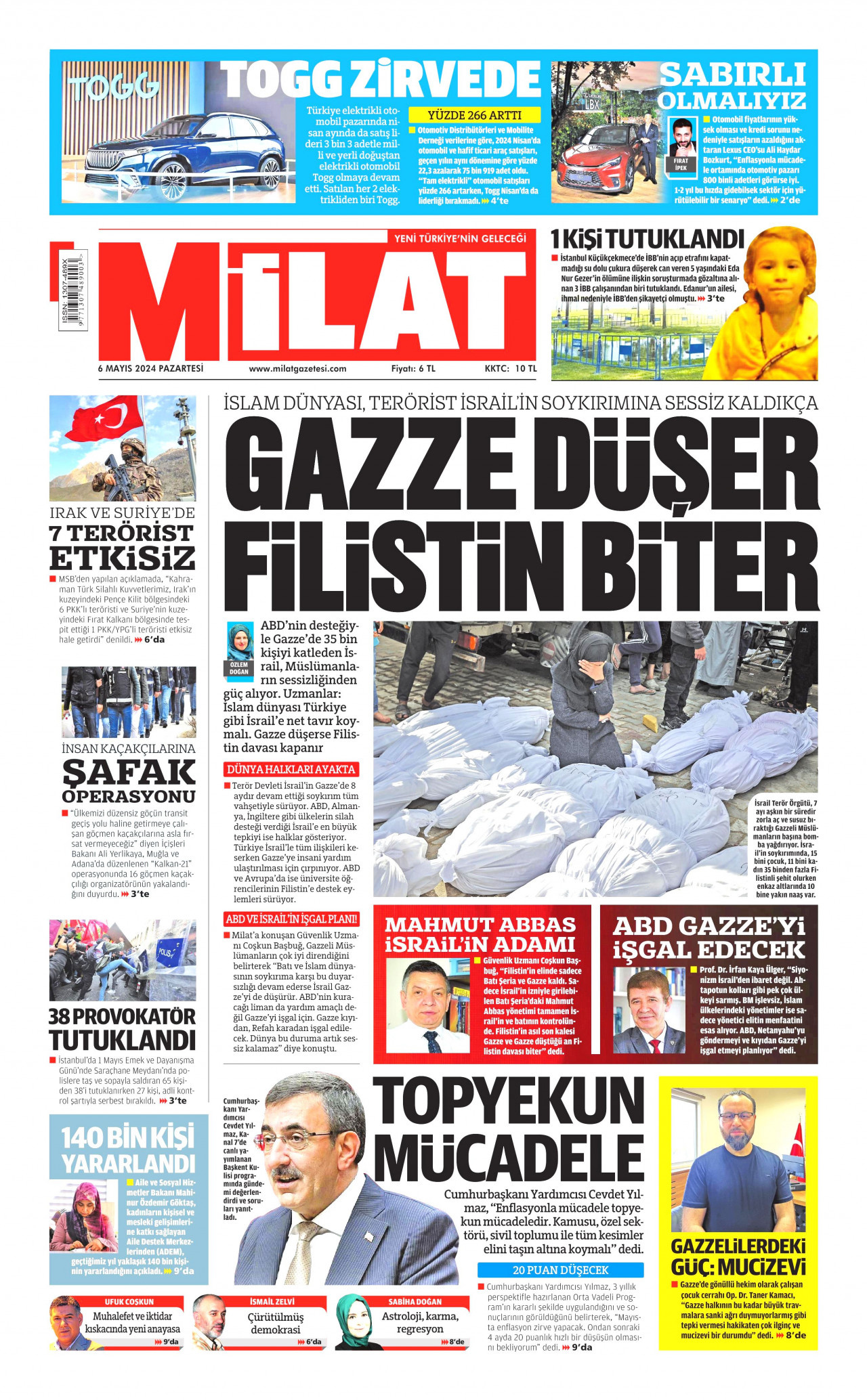 MİLAT gazetesinin 6 Mayıs 2024 tarihli birinci sayfası