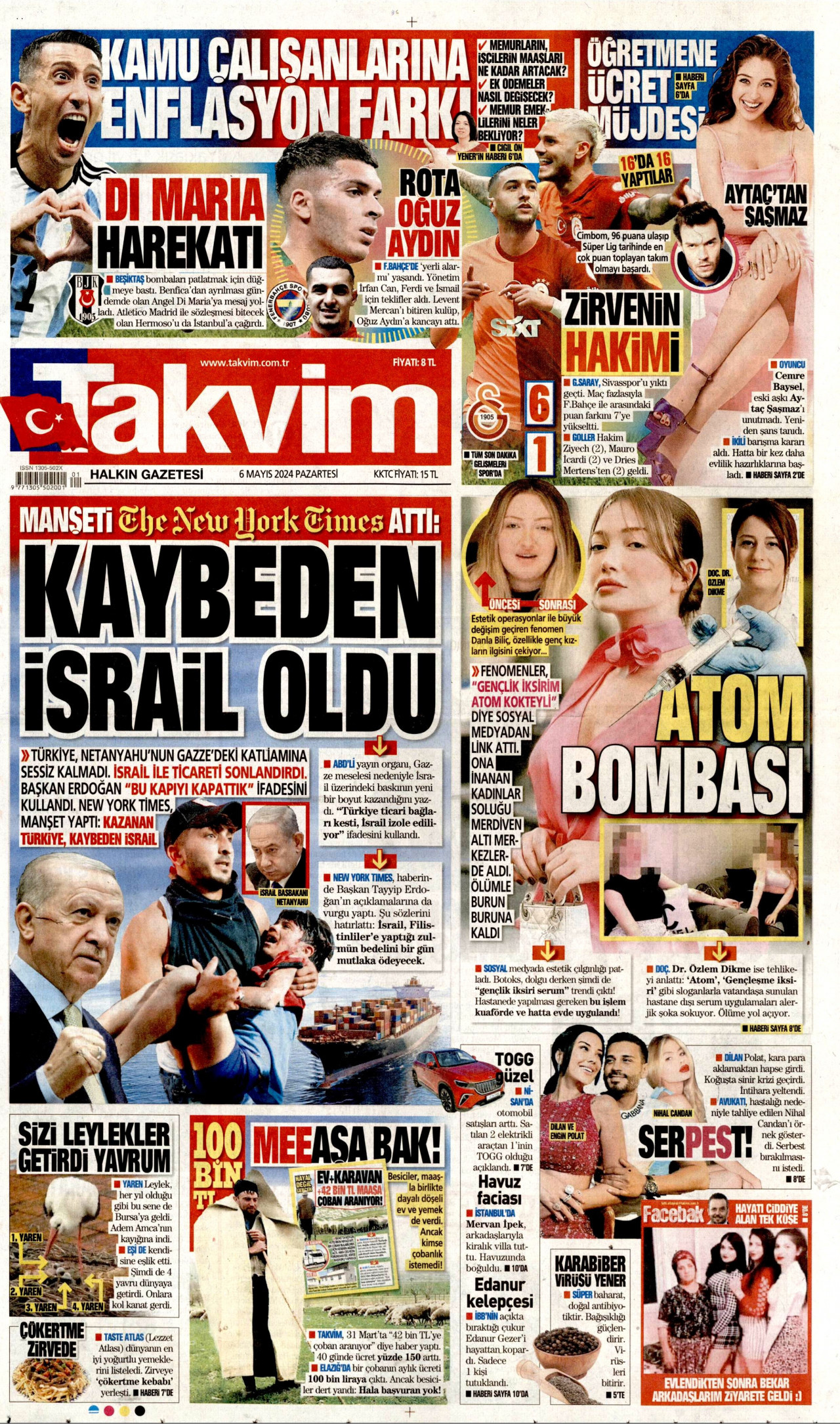 TAKVİM gazetesinin 6 Mayıs 2024 tarihli birinci sayfası