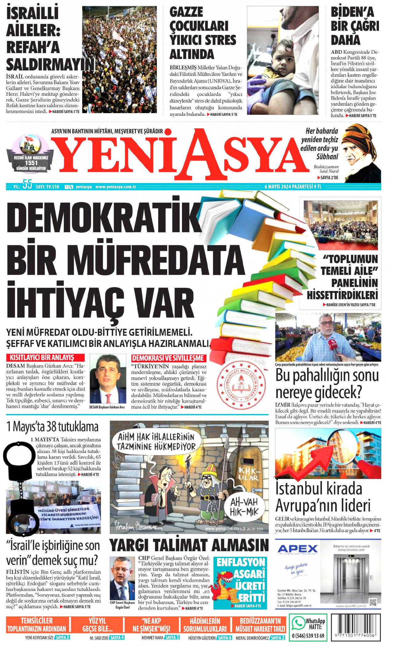 YENİ ASYA gazetesinin 6 Mayıs 2024 tarihli birinci sayfası