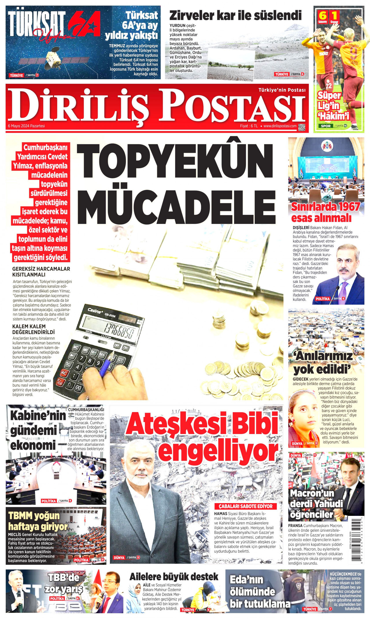 DİRİLİŞ POSTASI gazetesinin 6 Mayıs 2024 tarihli birinci sayfası