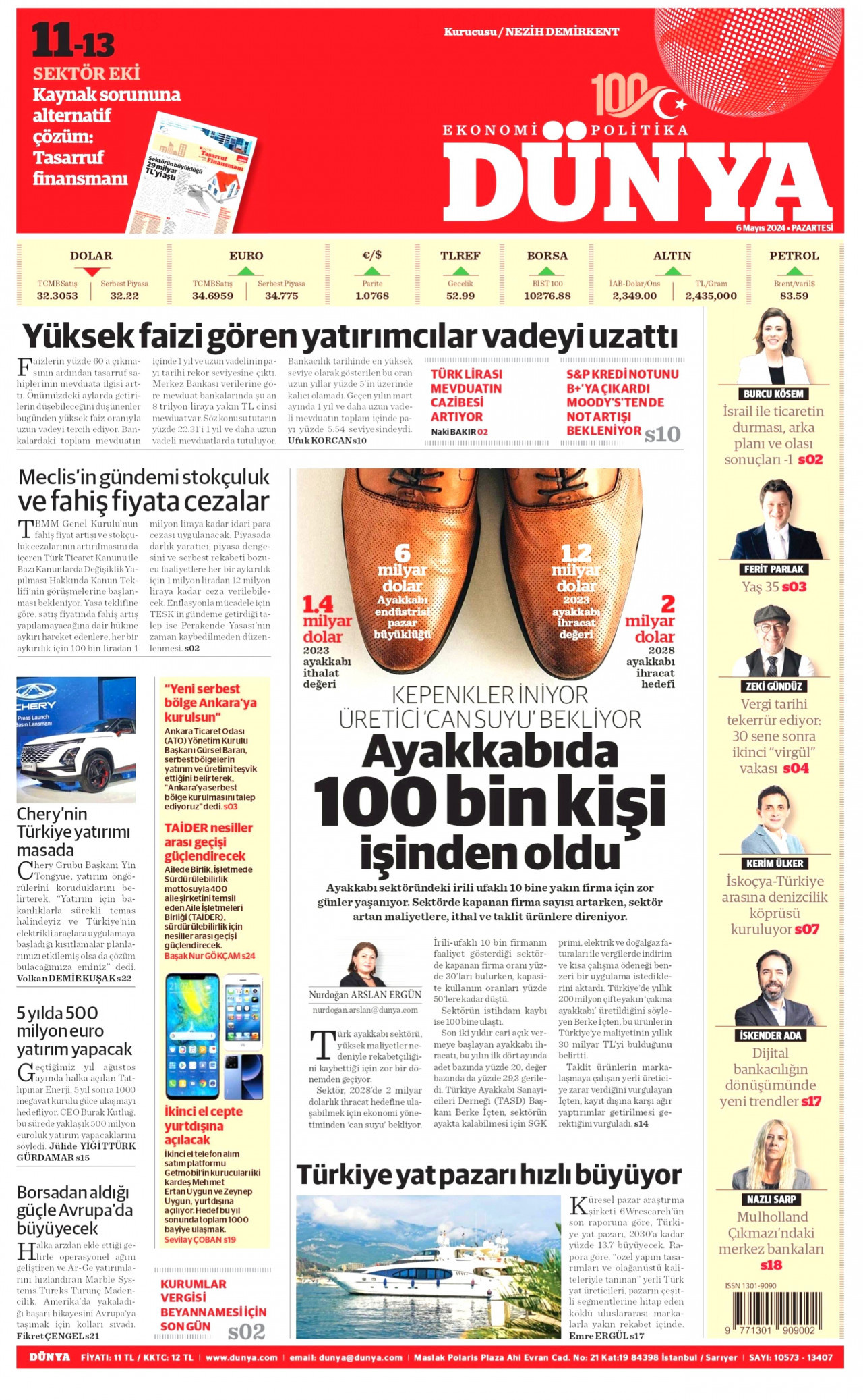 DÜNYA gazetesinin 6 Mayıs 2024 tarihli birinci sayfası