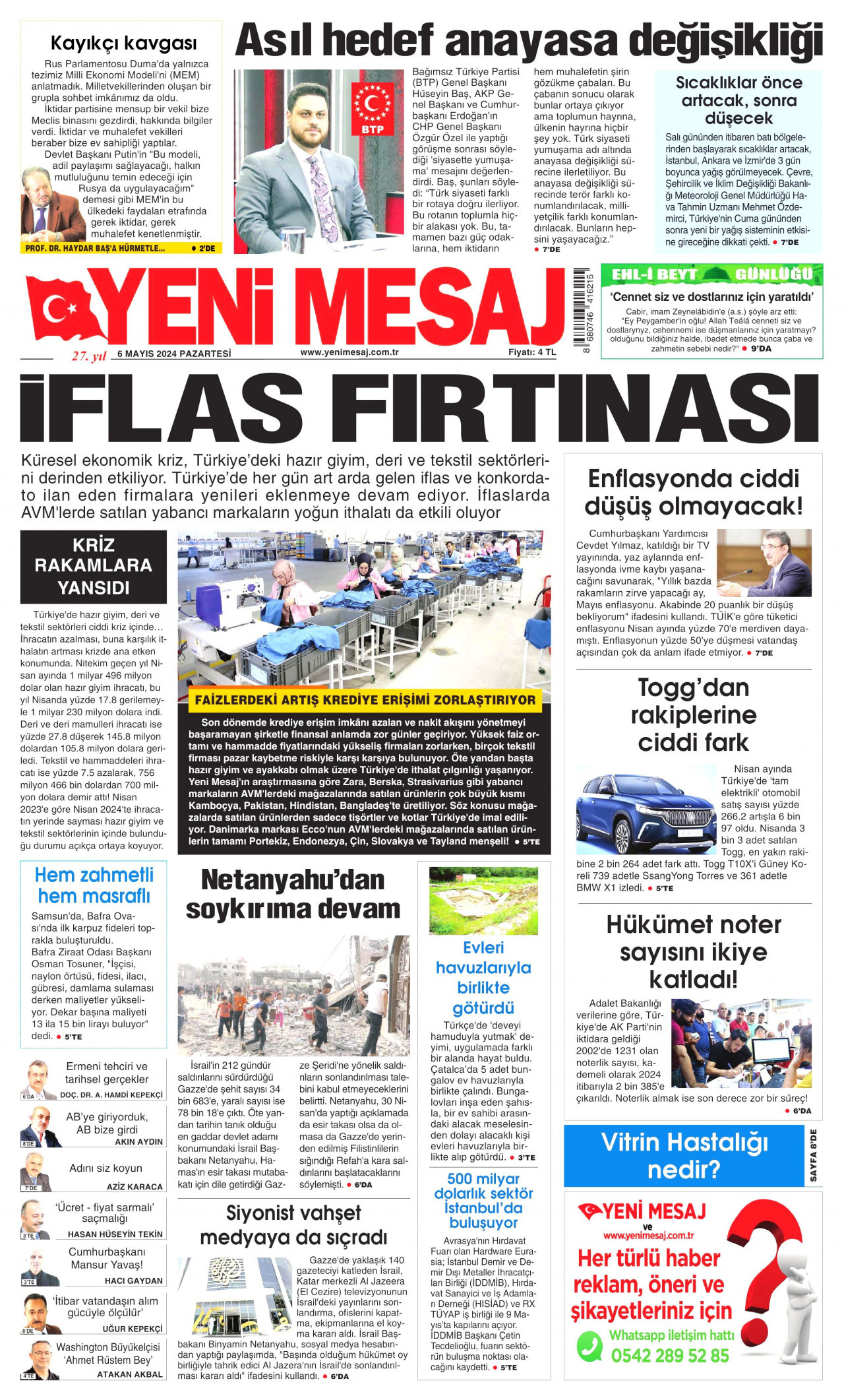 YENİ MESAJ gazetesinin 6 Mayıs 2024 tarihli birinci sayfası