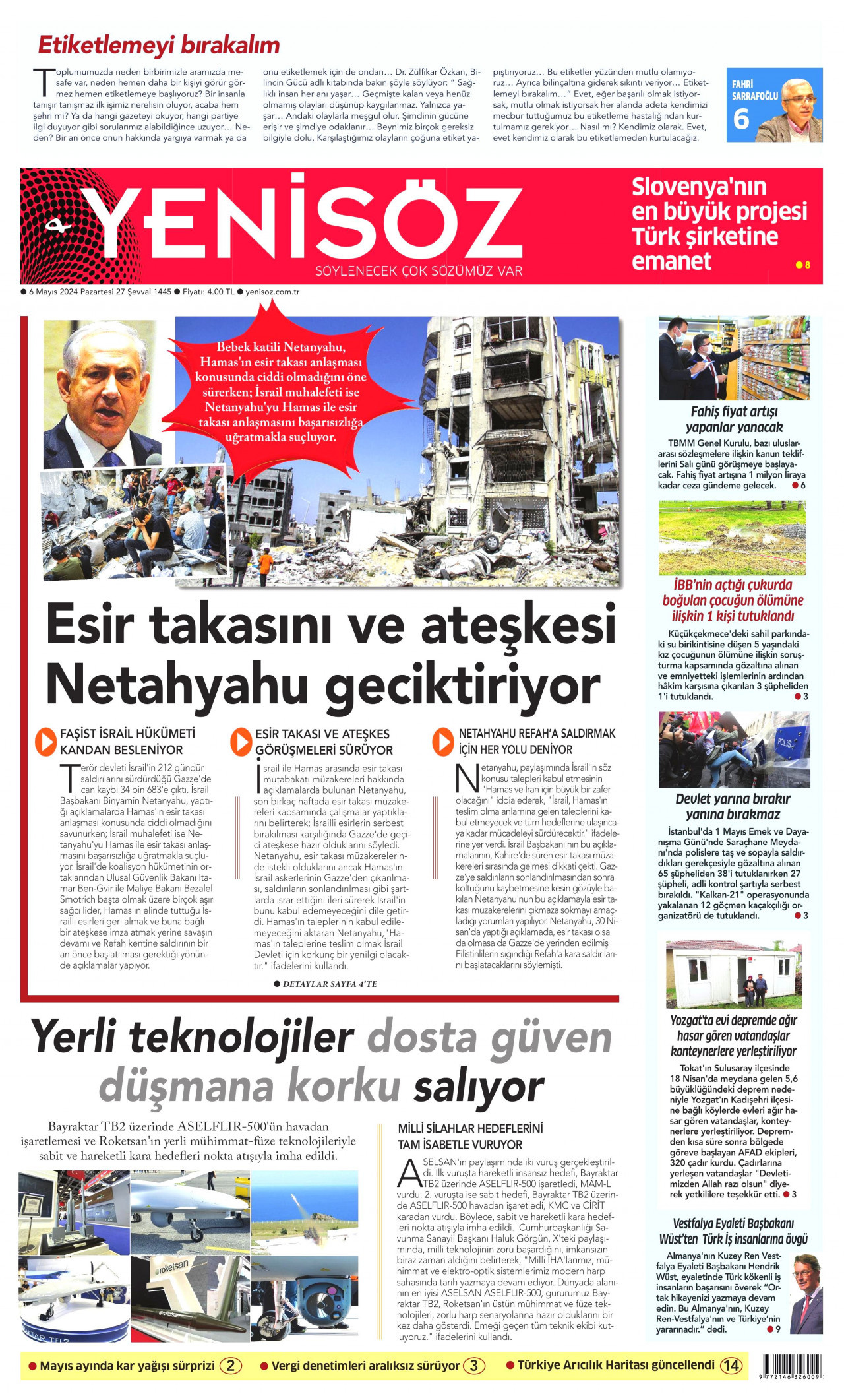 YENİ SÖZ GAZETESİ gazetesinin 6 Mayıs 2024 tarihli birinci sayfası