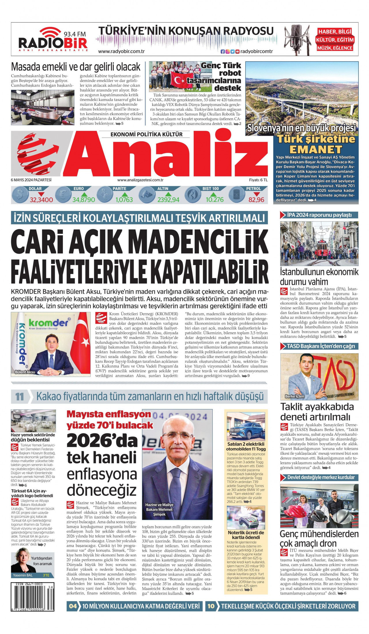 ANALİZ gazetesinin 6 Mayıs 2024 tarihli birinci sayfası