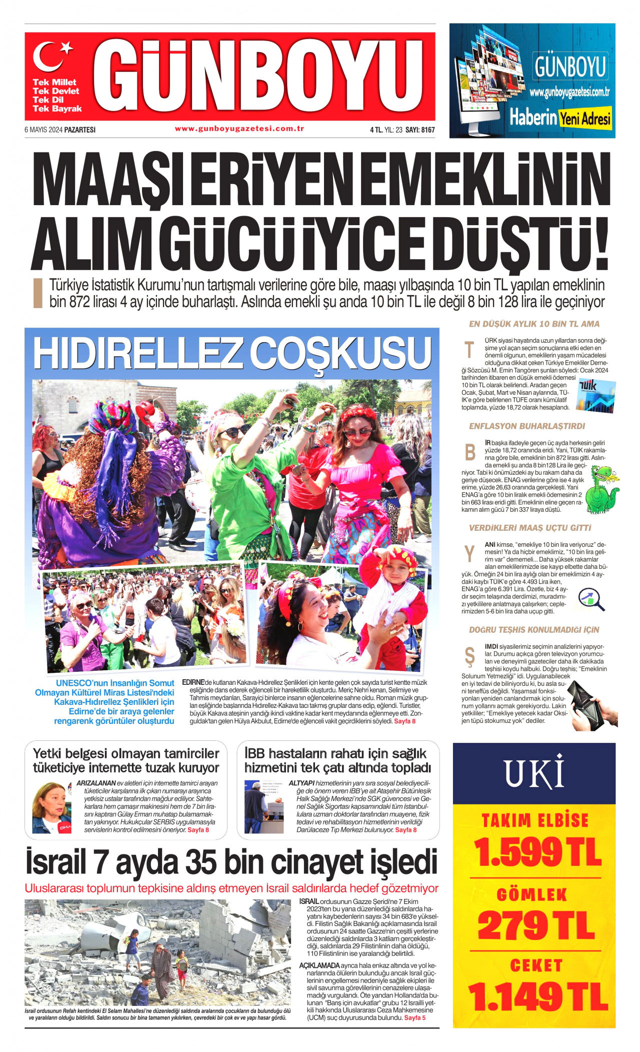 GÜNBOYU gazetesinin 6 Mayıs 2024 tarihli birinci sayfası