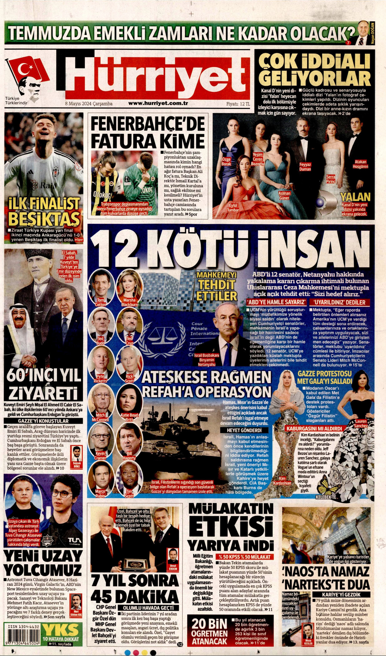 HÜRRİYET gazetesinin 8 Mayıs 2024 tarihli birinci sayfası