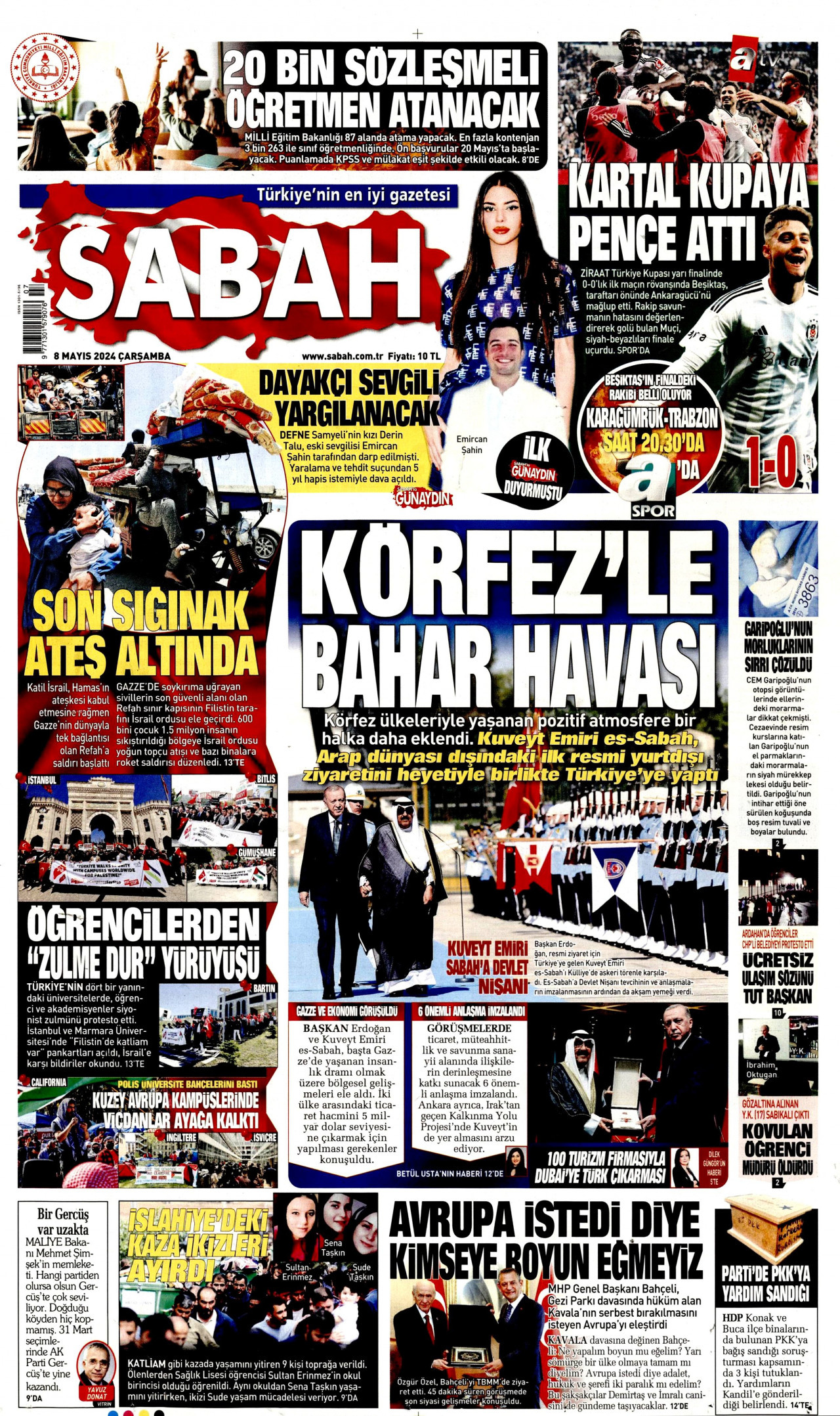 SABAH gazetesinin 8 Mayıs 2024 tarihli birinci sayfası