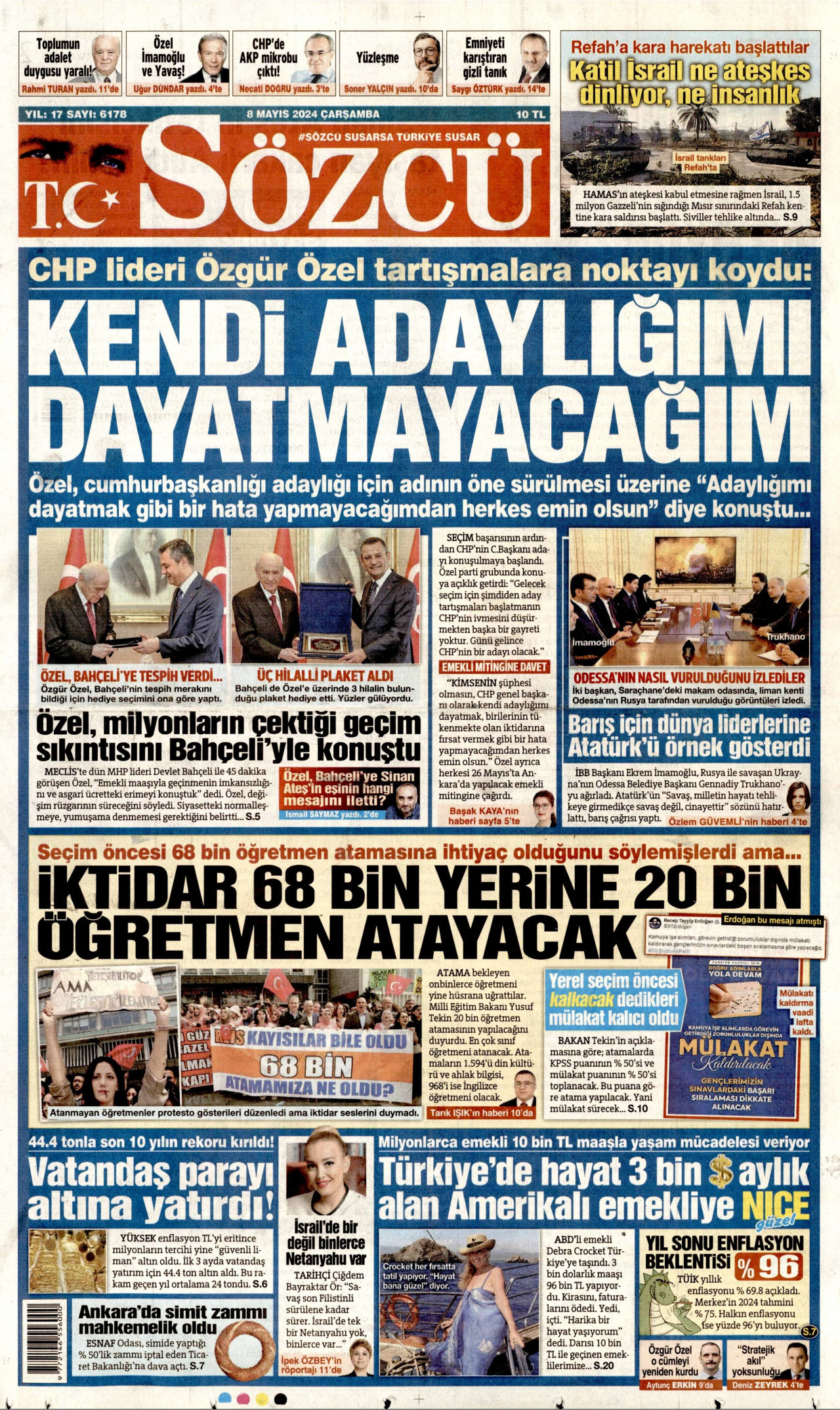 SÖZCÜ gazetesinin 8 Mayıs 2024 tarihli birinci sayfası