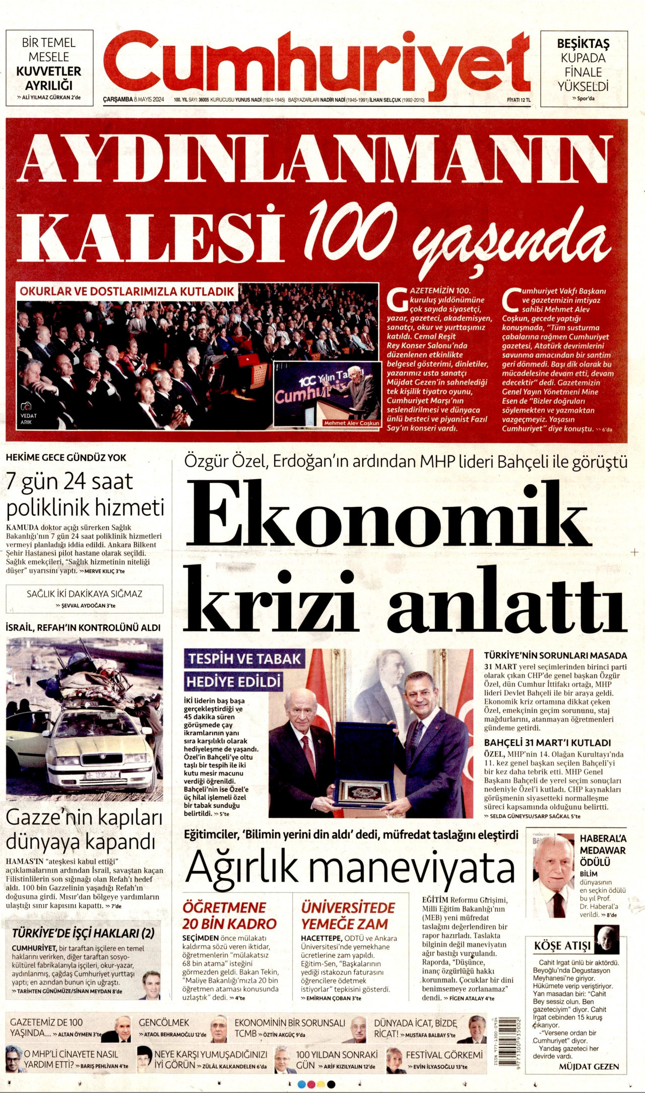 CUMHURİYET gazetesinin 8 Mayıs 2024 tarihli birinci sayfası