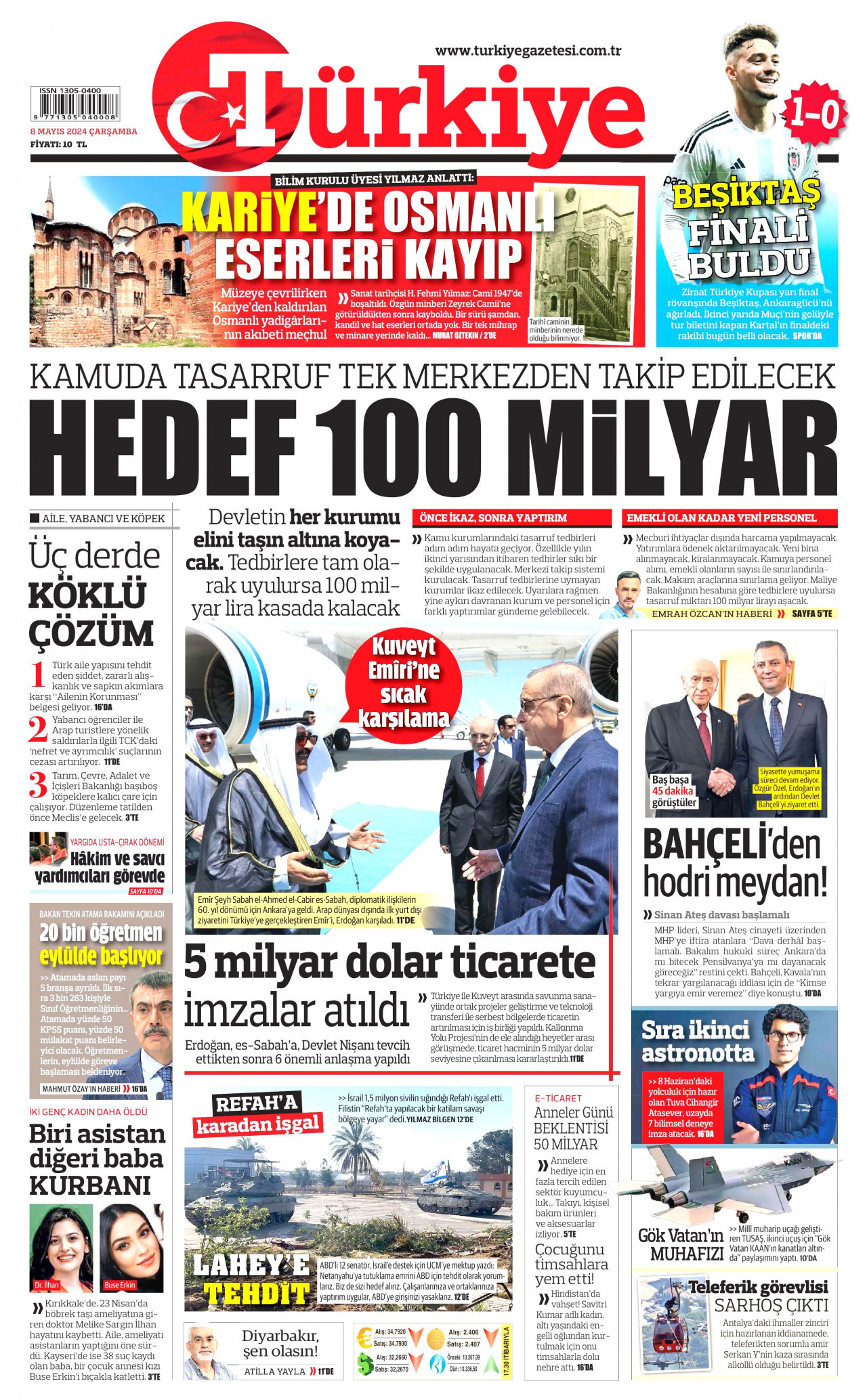 TÜRKİYE GAZETESİ gazetesinin 8 Mayıs 2024 tarihli birinci sayfası