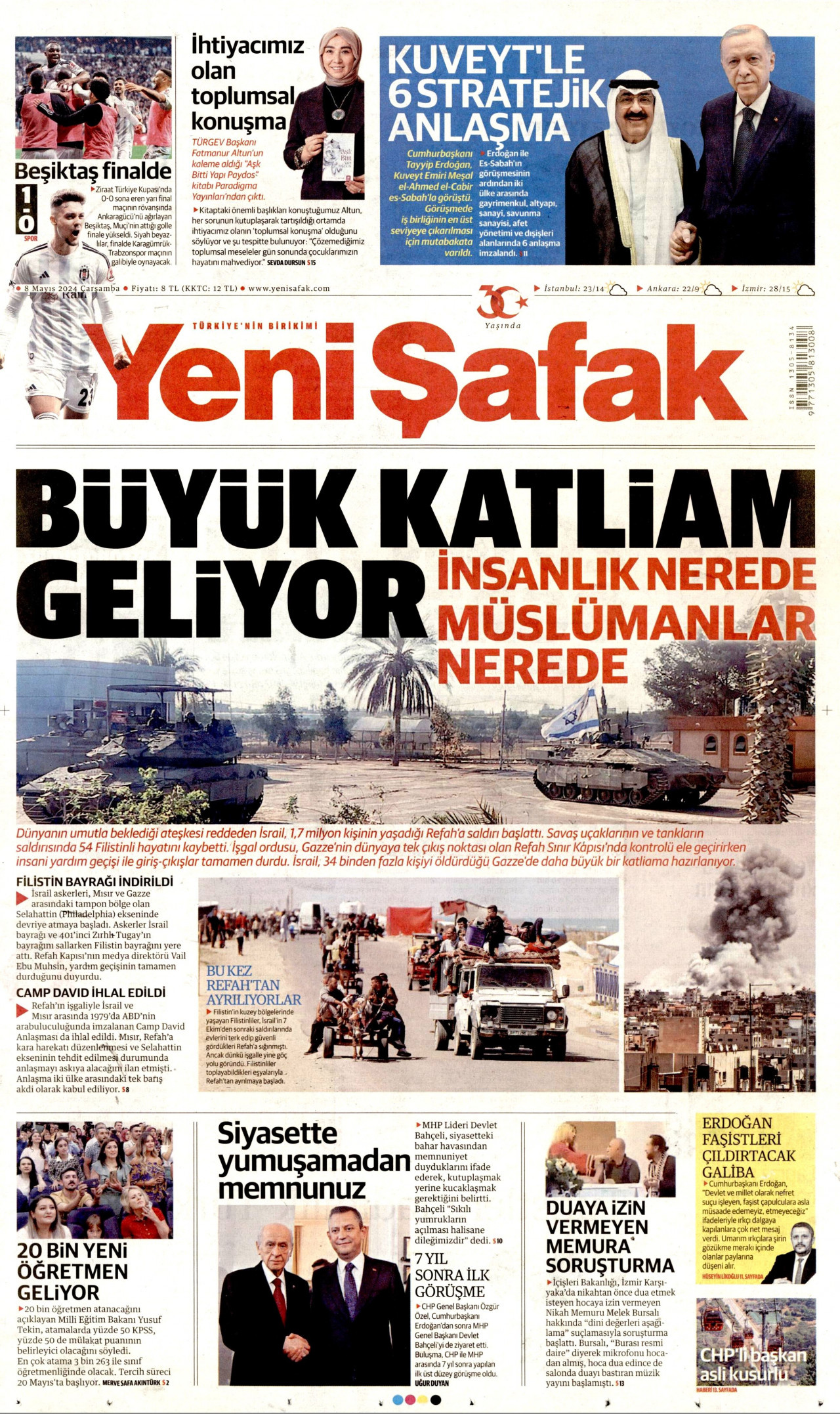 YENİ ŞAFAK gazetesinin 8 Mayıs 2024 tarihli birinci sayfası