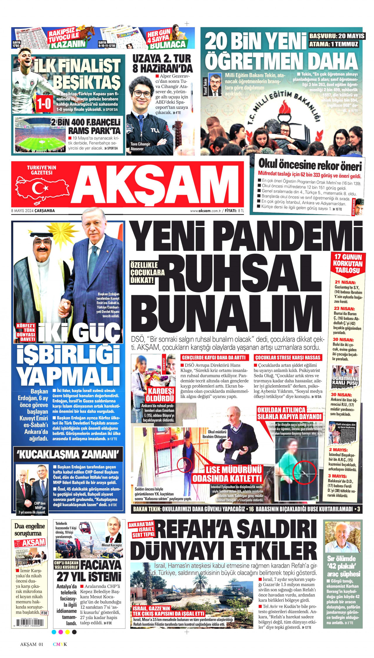 AKŞAM gazetesinin 8 Mayıs 2024 tarihli birinci sayfası