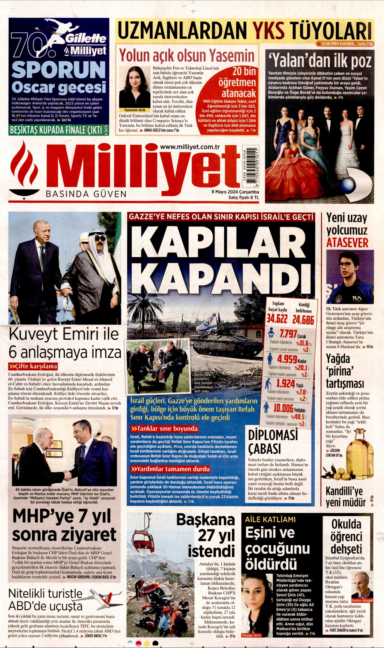 MİLLİYET gazetesinin 8 Mayıs 2024 tarihli birinci sayfası