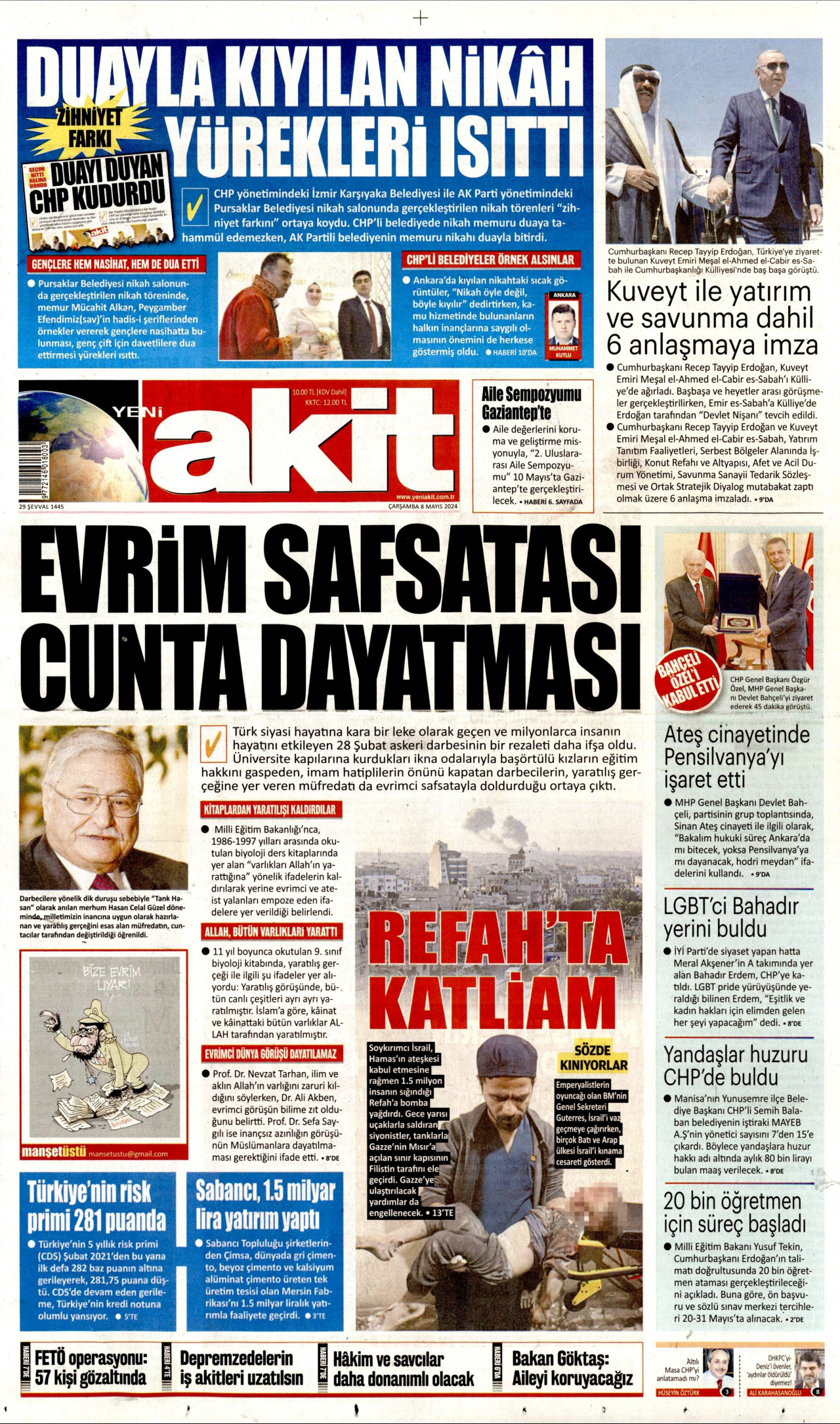 YENİ AKİT gazetesinin 8 Mayıs 2024 tarihli birinci sayfası