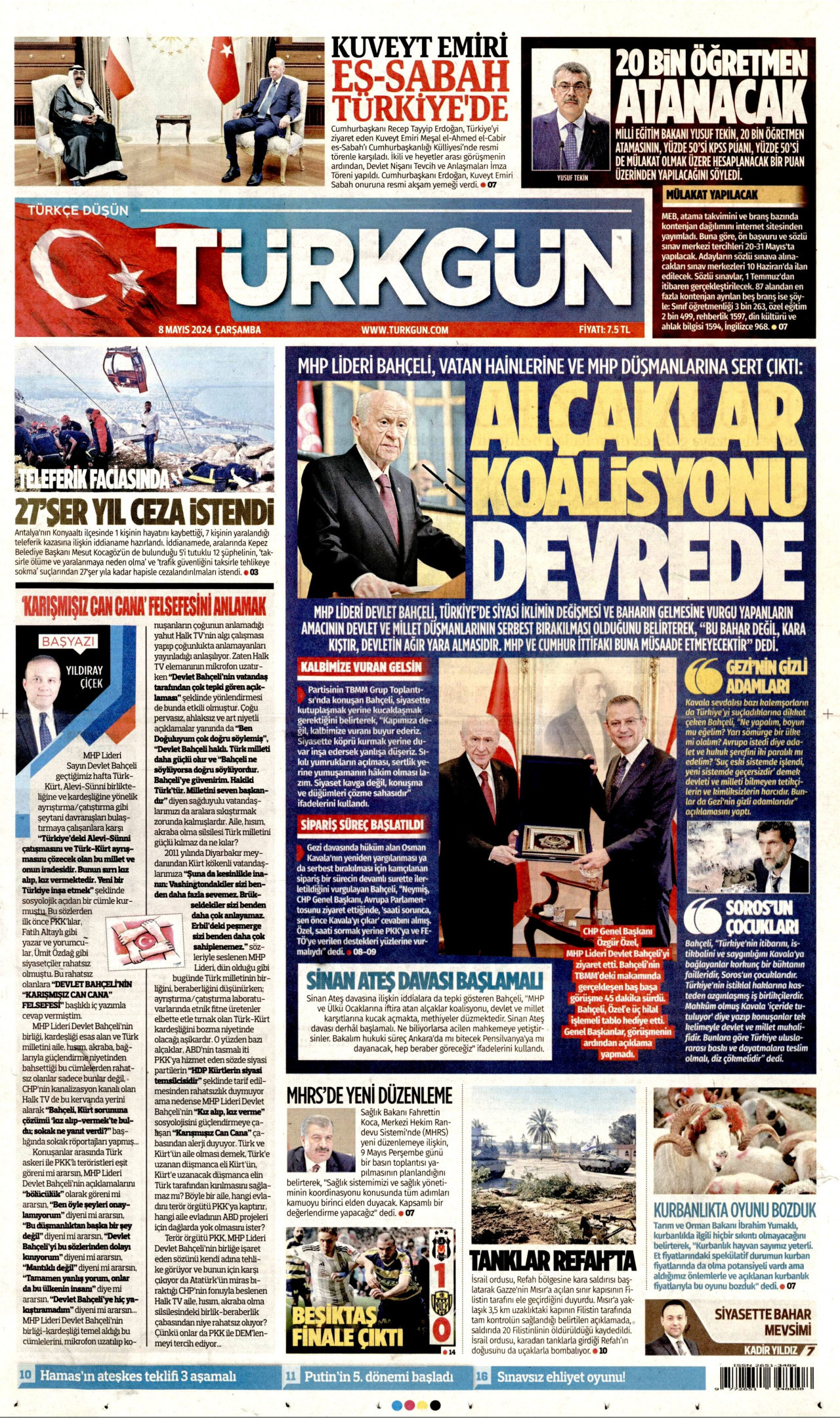 TÜRKGÜN gazetesinin 8 Mayıs 2024 tarihli birinci sayfası