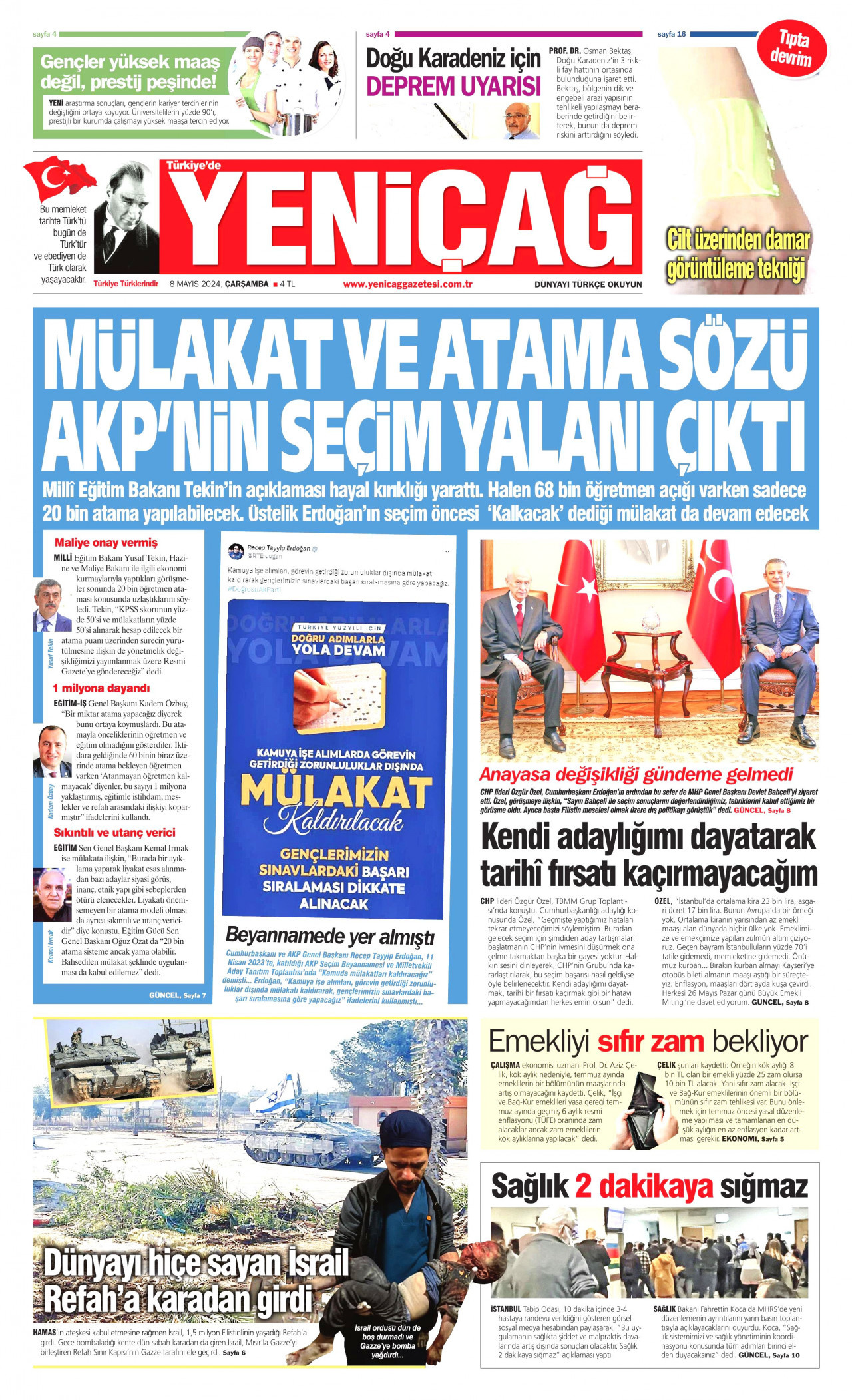 YENİÇAĞ gazetesinin 8 Mayıs 2024 tarihli birinci sayfası